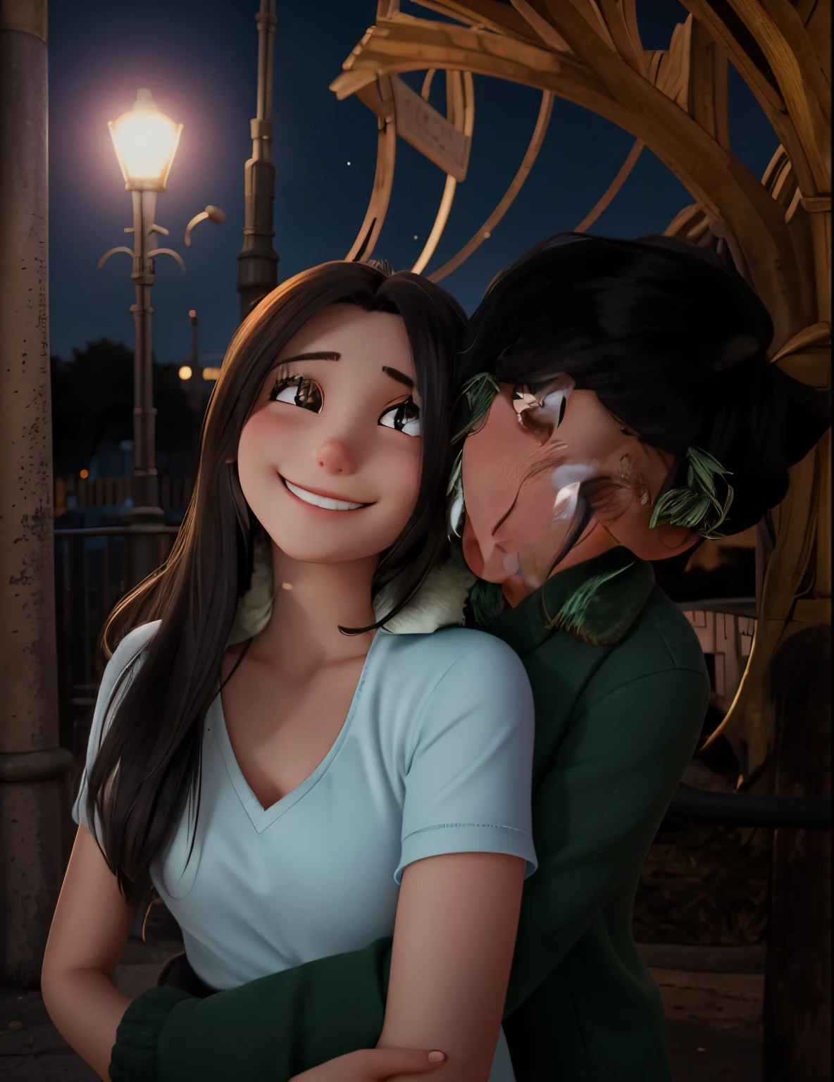 Selfie together, smiling to camera, hugging, sweet hug, colored photo, night, street light, plants, nice night sky, smile close lips, nice eyes, shooting star,