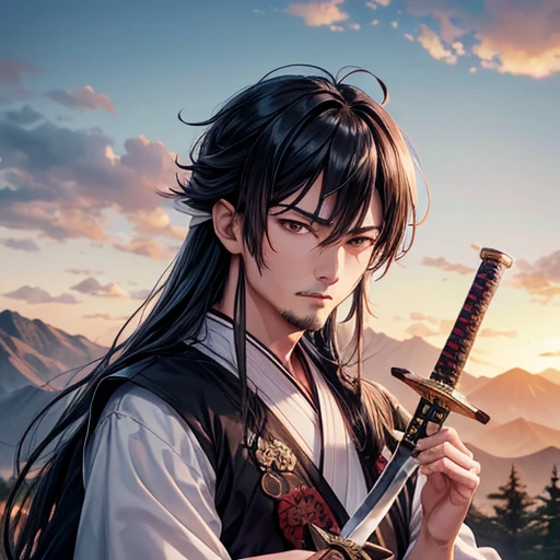 nffsw,masutepiece,awardwinning,Best Quality,hight resolution,8K,high details,(A Man:1.6),Perfect face,Long Black Hair,Chinese ancient hair accessories,blonde hair accessories,(Face the lens:1.4),(Handheld sword:1.5),Hand-held scabbard,ancient chinese robes,Martial arts,outlaw star,bougu,jump up,There's a dragon behind,Chinese Dragon,Patron saint,The background is mountains and trees,mont,Pavilion,pine trees,Bright sky,white clouds,cloudy ash sky,ron,,ancient oriental architecture,ancient Chinese architecture,