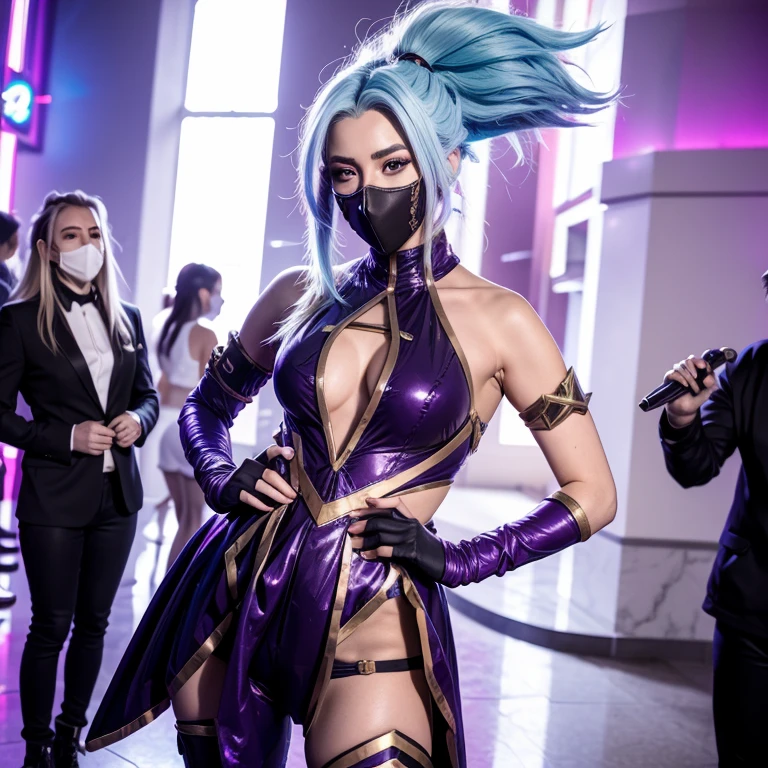 Beautiful girl ,18 years old, blond,wearing k/da akali cosplay in the red carpet