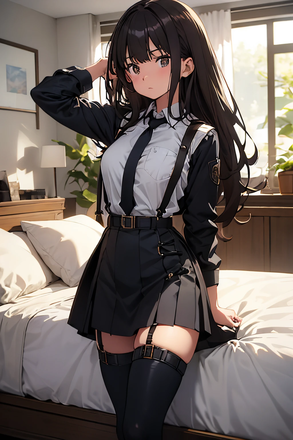 ,Belt bag,Suspenders Black Miniskirt garterbelts knee high Stockings Black Niso Colorcon armpit sweat perspiring Side of both hands,Black jacket,Gaze,ample bosom,Armpit sweat,Exposing the armpits"Tight clothes、Cuffed、wristbands Lie on the bed with your hands up