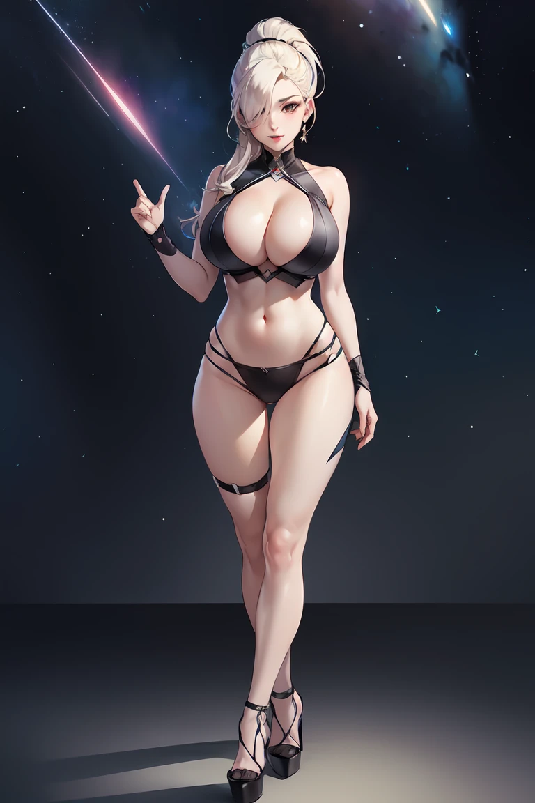 (Best quality,Unbeatable masterpiece:1.4),Ultra-detailed CG 4K,Black metal mech，Single high ponytail，Metal heels，Huge cleavage，Nipple presentation，Long white hair，obsessed，hair covering one eye，smooth thigh，standing with legs apart，in the stars，face to the viewer，Nipple presentation，navel，Lift one thigh