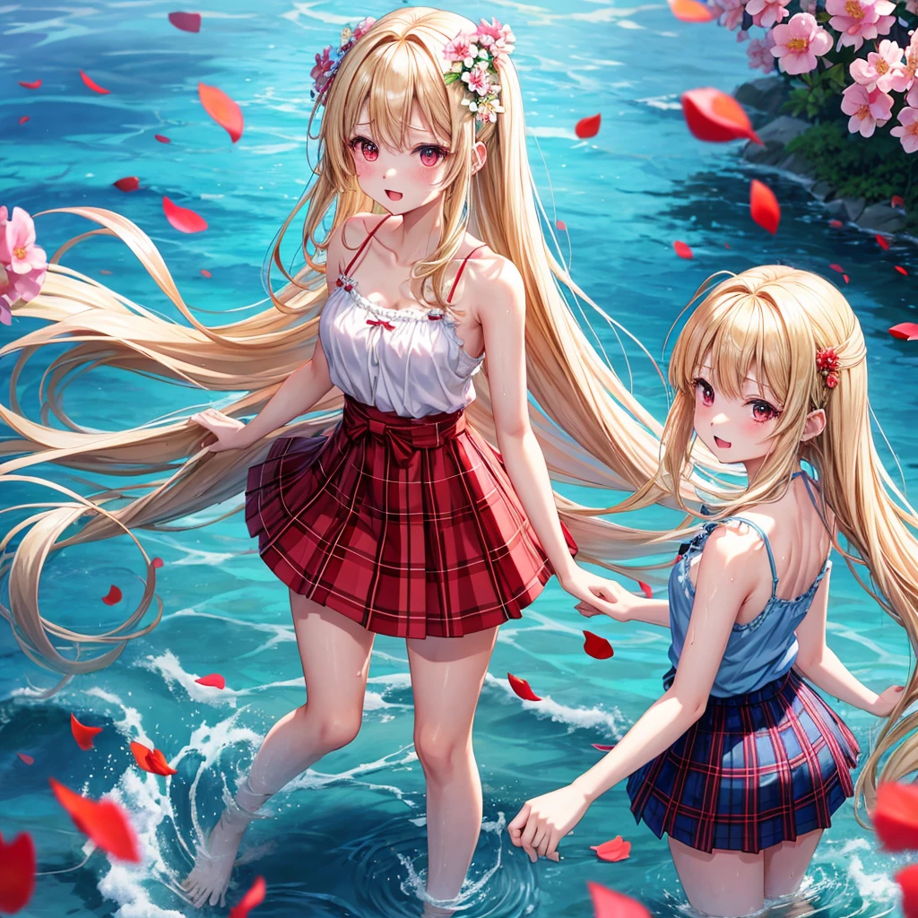 a blond、red eyes、1 pretty girl、animesque、lightly dressed、Blue plaid miniskirt、flower petals、bare-legged、wetting hair、sullenness、Camisole-wearing、rainbows、Kick the water