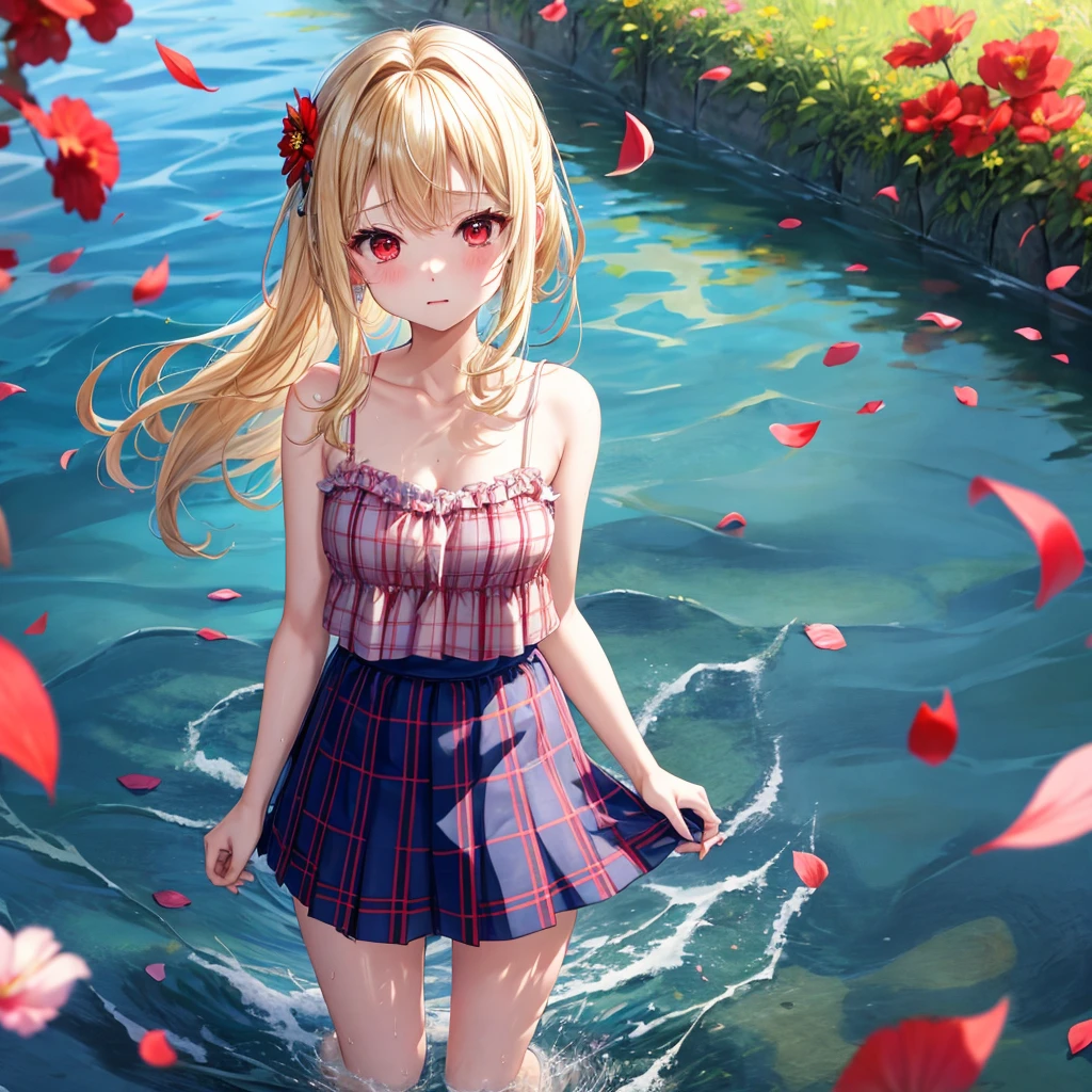 a blond、red eyes、1 pretty girl、animesque、lightly dressed、Blue plaid miniskirt、flower petals、bare-legged、wetting hair、sullenness、Camisole-wearing、rainbows、Kick the water