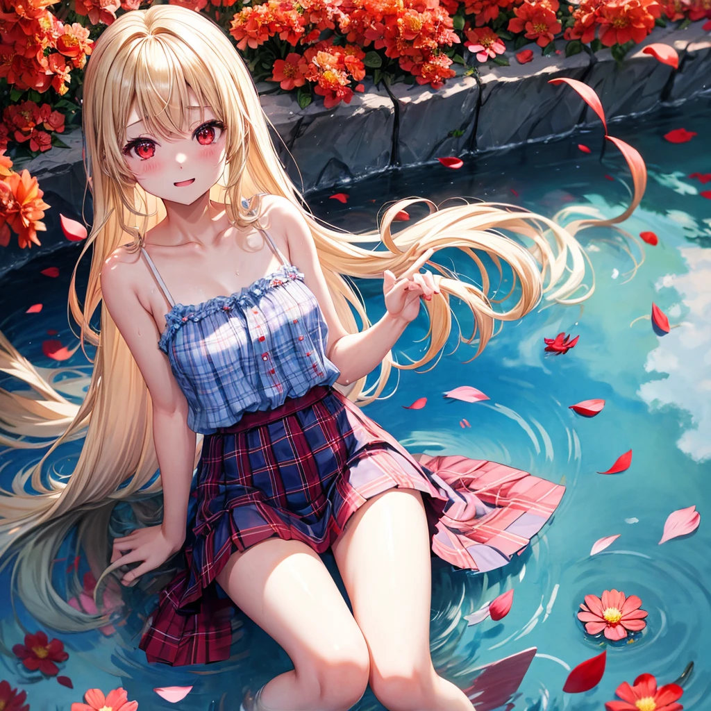 a blond、red eyes、1 pretty girl、animesque、lightly dressed、Blue plaid miniskirt、flower petals、bare-legged、wetting hair、sullenness、Camisole-wearing、rainbows、Kick the water
