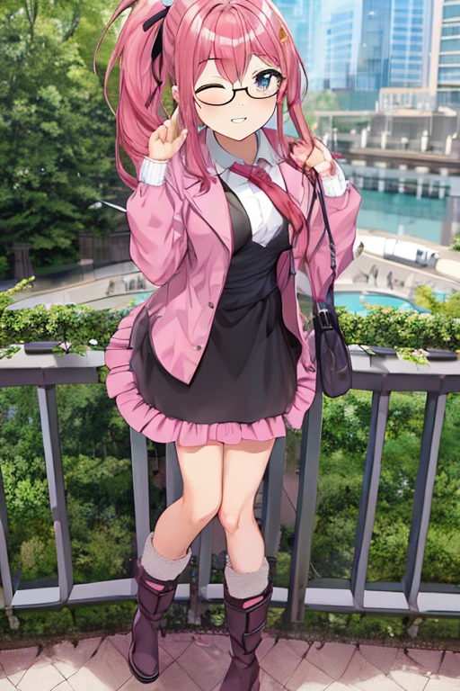 full body, idol girl, pink hair, long hair, side ponytail, glasses, hair ribbon, gloves, boots, shy, one eye closed, best quality