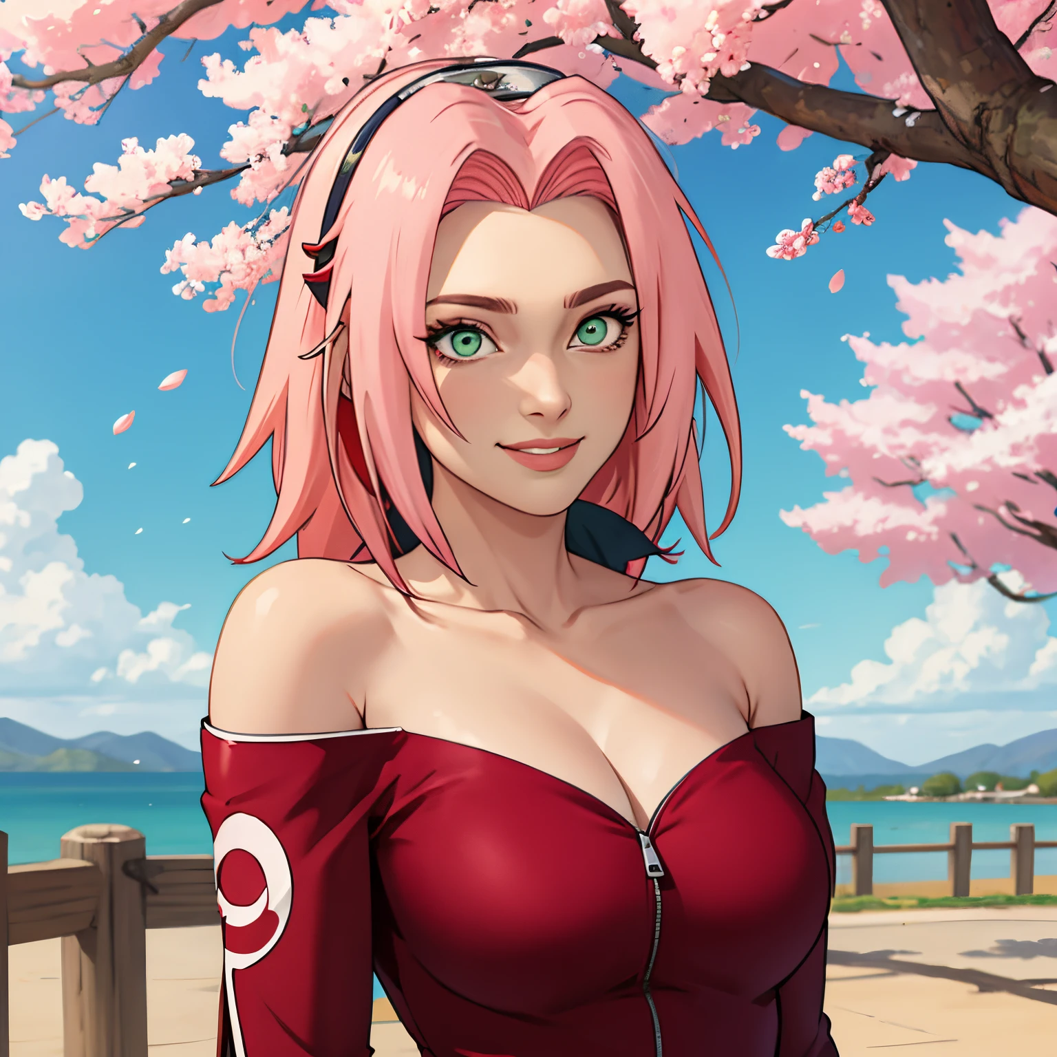 tmasterpiece， Best quality at best， 1girll， Sakura Haruno， Large breasts，Off-the-shoulder attire，（cleavage)，（upperbody closeup)，Raised sexy，is shy，ssmile，with pink hair， long whitr hair， （Green eyeballs:1.4)， Forehead protection， the cherry trees，Cherry blossoms flying，Red clothes，Zipper half