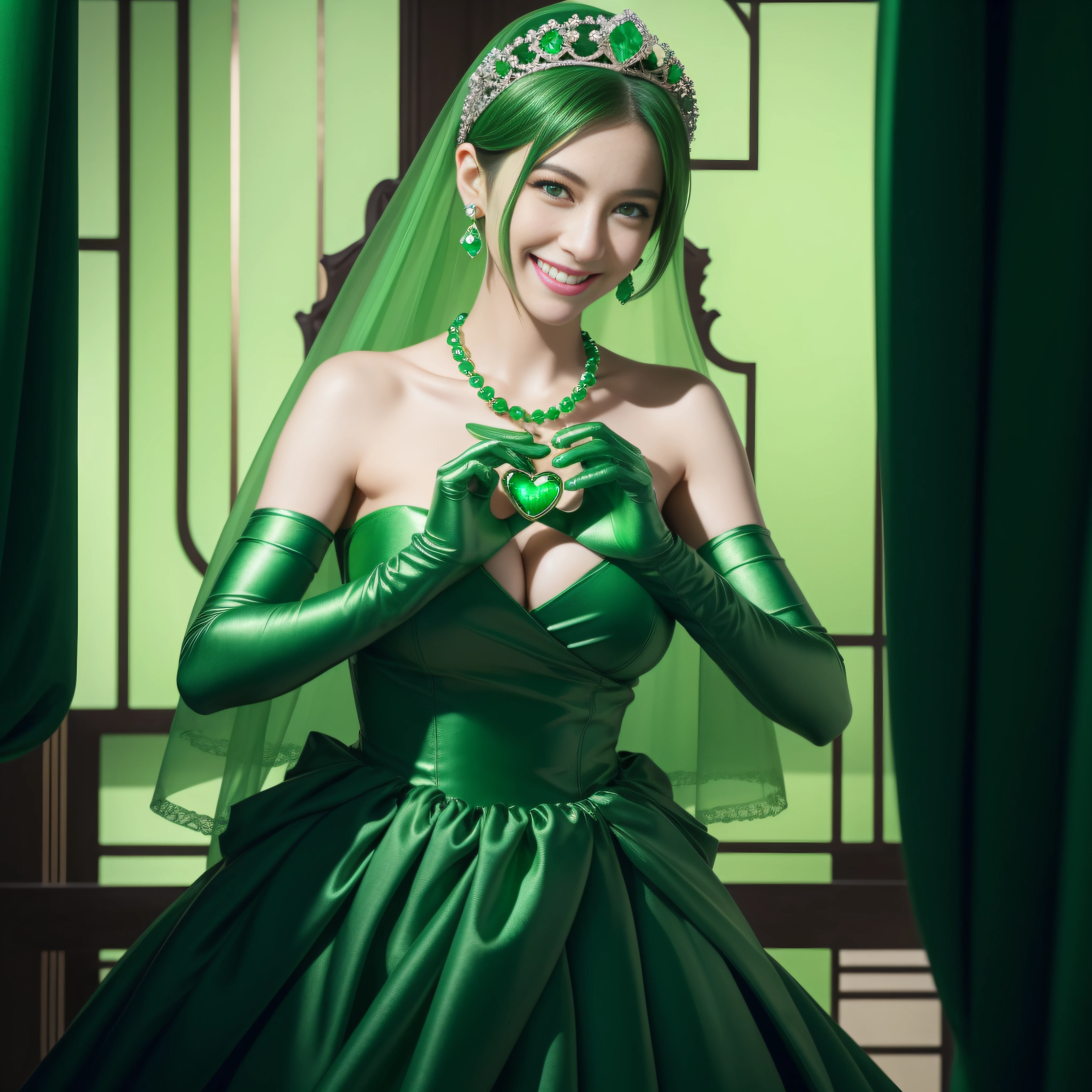 emerald tiara, Green Pearl Necklace, Boyish very short green hair, lipsticks, Japan woman smiling, very short short hair, big breasts beautiful, Green eyes, Long green gloves made of satin material, Green eyes, Emerald Earrings, green vale, Heart with both hands