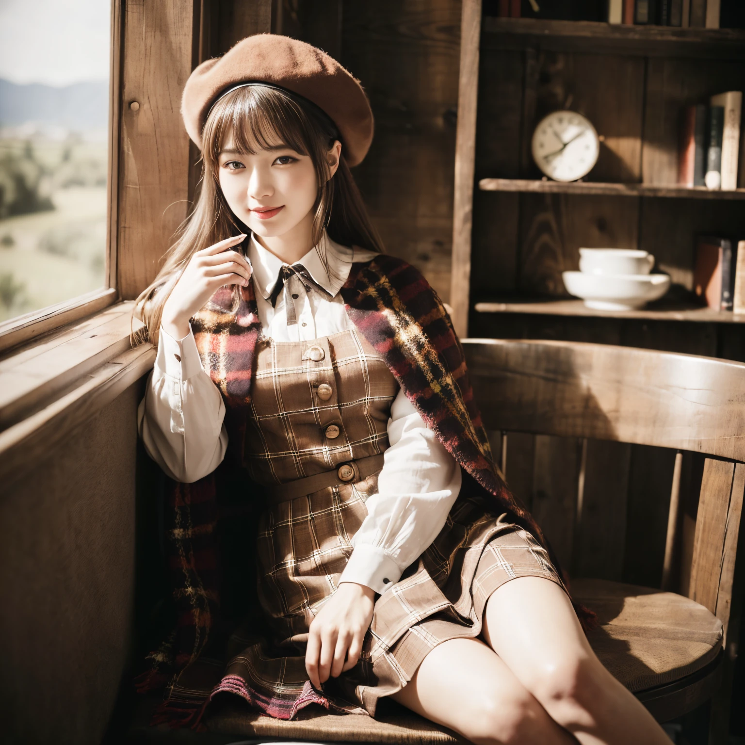 (((Best Quality, masutepiece, 超A high resolution、The most complex and detailed depictions)))、1人の女性、(cowboy shot:1.5)、(Plaid brown beret:1.3)、(Brown cape with a short plaid pattern:1.3)、(Brown plaid midi-length skirt:1.3)、(Uniform brown check outfit:1.3)、steampunk outfit、(Victorian costume:1.1)、(Gothic and solemn atmosphere:1.2)、Rooms at Medieval Europe、(antique interior:1.2)、Huge bookshelf、Bookshelves on the wall、Classy chairs and desks near bookshelves、Sit in a classy chair、Calm and elegant rooms、View me、A slender、perfect anatomia、Smile