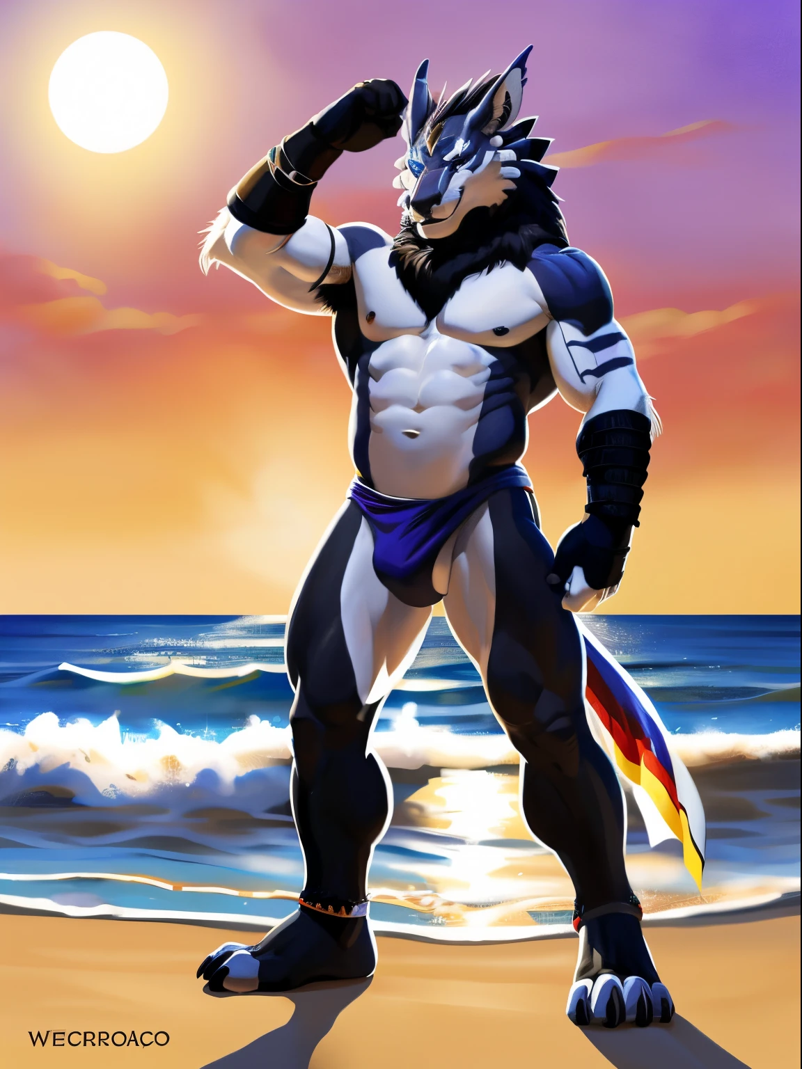 Weregarurumon. 4k, High resolution, La mejor calidad, Publicado el E621, solamente, Anthropogenic body, masculino, adulto, Masculino, (muy musculoso:1.2), anatomy correct, (Fondo de playa, Fondo del mar, Fondo del cielo, puesta del sol:1.0), (fondo borroso, Fondo desenfocado:1.2), (por WFA:1.0), (por negger:1.2), (por chunie:0.5), (cel sombreado, sombreado caricaturesco:1.2), Lineart negro, Contorno negro, flat coloring, (Sombras fuertes, Sombras oscuras:1.2), (Red speedometers, protuberancia:1.0), confiado, pose sexy