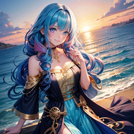 1 girl, (Iridescent hair, Colorful hair, Half blue and half pink hair: 1.2), , Blue_skyporn, holding a magic wand, Summer (season), flower petals_SUI_Liquid, Hooded black cloak, Red and black ripped dress, Skirt: 1.2, (gold long curly hair: 1.5), skyporn, plein air, Clouds, Bangs, Smile, sky-blue eyes, Bare shoulders, Perfect hands, Hand Details, Repaired finger. earrings, Sea + Background, up looking_で_viewer, Cowboy Shot, of the highest quality, rich detail, Perfect image quality, Sunrise