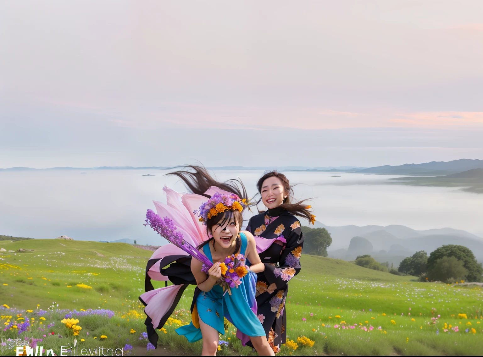 best quality, ultra high res, (photorealistic:1.2), a (smiling:1.4) 24-year-old Asian actress wearing elegant (wind blown:1.2) (dress:1.2) in a valley full with millions of (multi-color wild flowers:1.6), detailed face, (solo: 1.4), (wind blown:1.2) hair, mix4, (face lit:1.4)