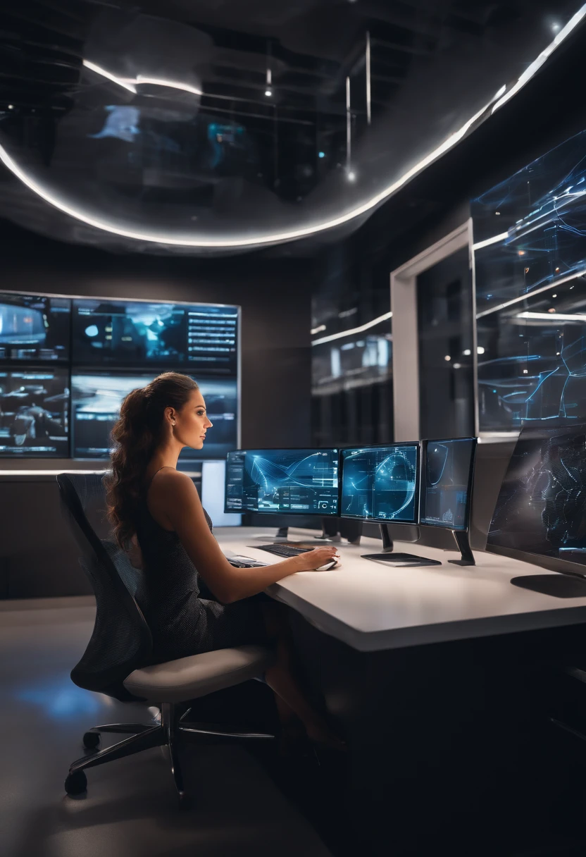 A girl sits in a futuristic office, surrounded by holographic screens, managing various enterprise resource planning (ERP) software applications. Sparkling lights are reflected in her eyes, emphasizing her focused gaze. She wears an elegant, professional outfit, exuding confidence and expertise. Her fingers glide gracefully across the holographic displays, effortlessly navigating the complicated systems. The office environment is designed with extremely detailed precision, combining elements of science fiction and modern aesthetics. The seamless fusion of elegance, metallic surfaces and vivid holographic projections immerse the viewer in a world of cutting-edge technology. The lighting in the room is carefully balanced, creating a soft glow that enhances the overall ambience. The holographic screens radiate vibrant colors, displaying dashboards, charts, and real-time data visualizations from SAP, Oracle, Microsoft Dynamics 365, NetSuite, Info, Epicor, Sage, Odoo, Workday, IFS applications, Acumatica, QAD ERP, and more. The interaction between the girl and the holographic interface shows the dynamic and efficient workflow enabled by these