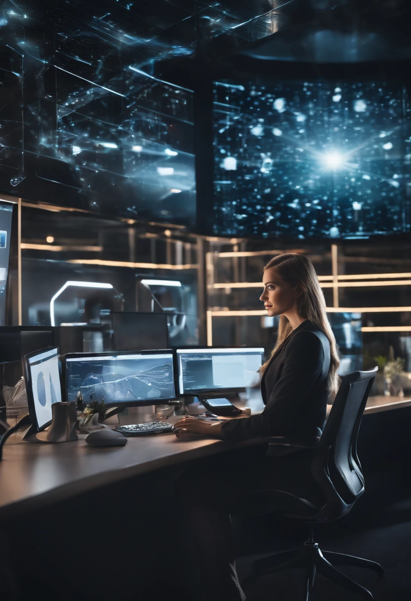 A girl sits in a futuristic office, surrounded by holographic screens, managing various enterprise resource planning (ERP) software applications. Sparkling lights are reflected in her eyes, emphasizing her focused gaze. She wears an elegant, professional outfit, exuding confidence and expertise. Her fingers glide gracefully across the holographic displays, effortlessly navigating the complicated systems. The office environment is designed with extremely detailed precision, combining elements of science fiction and modern aesthetics. The seamless fusion of elegance, metallic surfaces and vivid holographic projections immerse the viewer in a world of cutting-edge technology. The lighting in the room is carefully balanced, creating a soft glow that enhances the overall ambience. The holographic screens radiate vibrant colors, displaying dashboards, charts, and real-time data visualizations from SAP, Oracle, Microsoft Dynamics 365, NetSuite, Info, Epicor, Sage, Odoo, Workday, IFS applications, Acumatica, QAD ERP, and more. The interaction between the girl and the holographic interface shows the dynamic and efficient workflow enabled by these