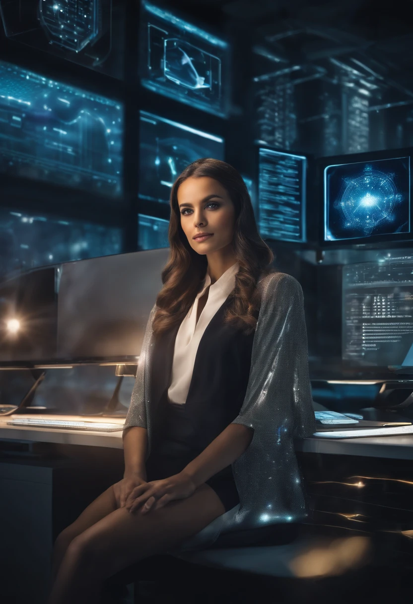 A girl sits in a futuristic office, surrounded by holographic screens, managing various enterprise resource planning (ERP) software applications. Sparkling lights are reflected in her eyes, emphasizing her focused gaze. She wears an elegant, professional outfit, exuding confidence and expertise. Her fingers glide gracefully across the holographic displays, effortlessly navigating the complicated systems. The office environment is designed with extremely detailed precision, combining elements of science fiction and modern aesthetics. The seamless fusion of elegance, metallic surfaces and vivid holographic projections immerse the viewer in a world of cutting-edge technology. The lighting in the room is carefully balanced, creating a soft glow that enhances the overall ambience. The holographic screens radiate vibrant colors, displaying dashboards, charts, and real-time data visualizations from SAP, Oracle, Microsoft Dynamics 365, NetSuite, Info, Epicor, Sage, Odoo, Workday, IFS applications, Acumatica, QAD ERP, and more. The interaction between the girl and the holographic interface shows the dynamic and efficient workflow enabled by these
