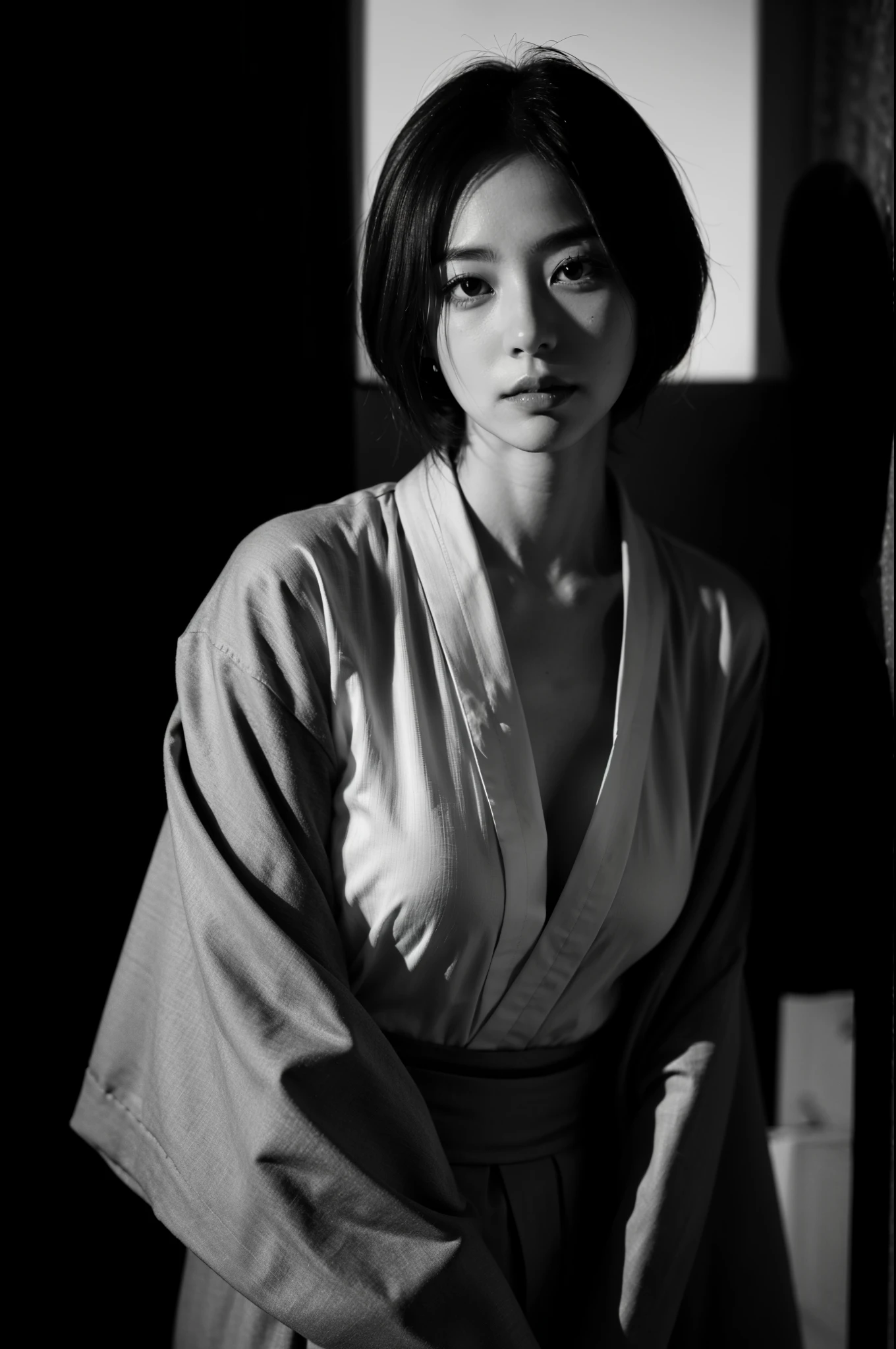 1girl,japanese,potrait,undfriendly,short hair, kimono, in the dark,deep shadow, sensual pose, in the black and white color