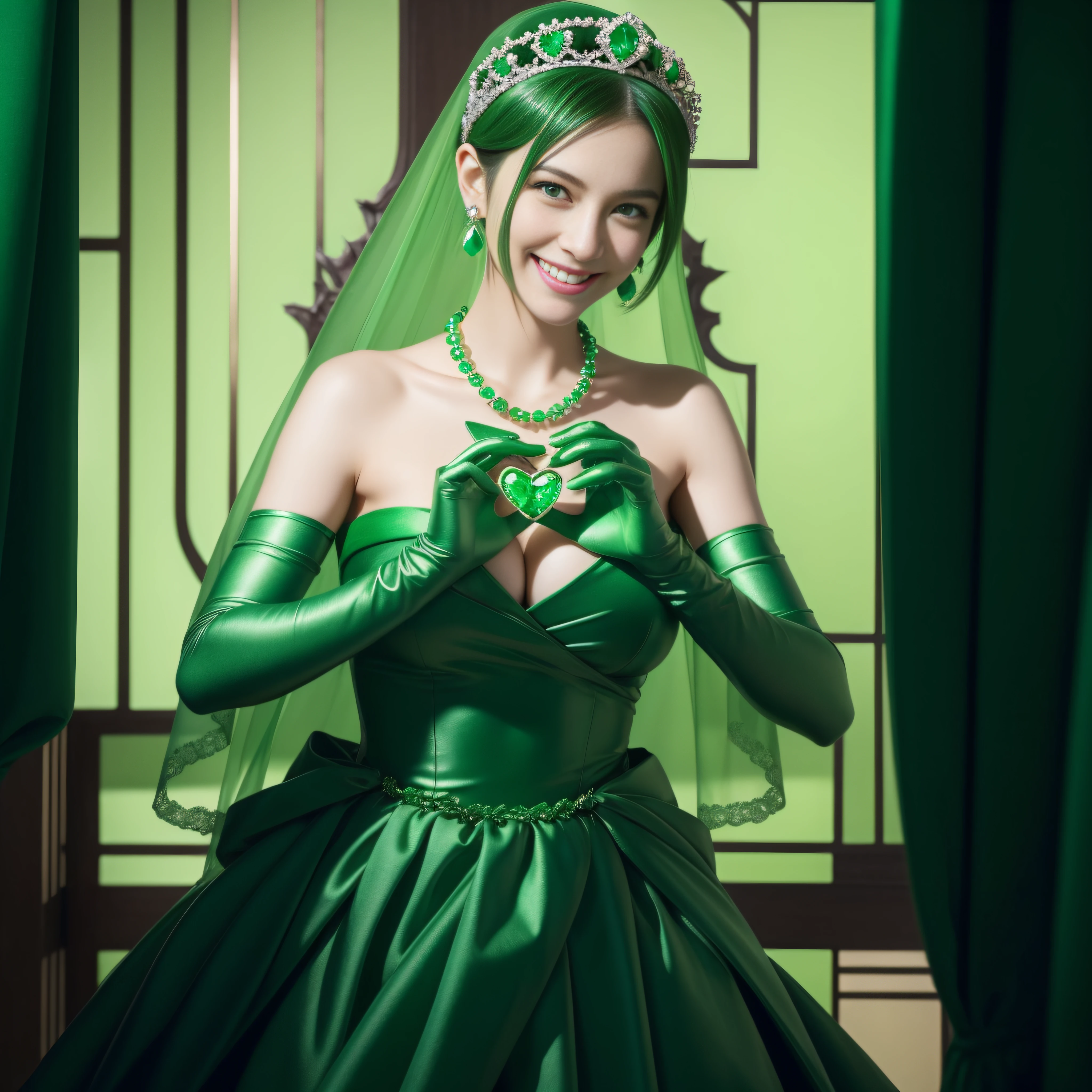 emerald tiara, Green Pearl Necklace, Boyish very short green hair, lipsticks, Japan woman smiling, very short short hair,  big breasts beautiful, Green eyes, Long green gloves made of satin material, Green eyes, Emerald Earrings, green vale, Heart with both hands