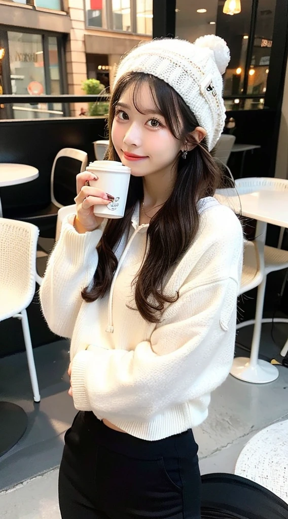 Wearing a white knitted hat、wearing a black oversized hoodie、Wearing skinny pants、Drinking coffee on the café terrace、Take a selfie