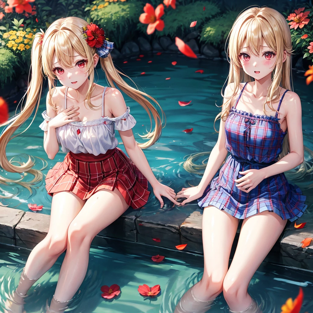 a blond、red eyes、1 pretty girl、animesque、lightly dressed、Blue plaid miniskirt、flower petals、bare-legged、wetting hair、sullenness、Camisole-wearing、rainbows、Kick the water