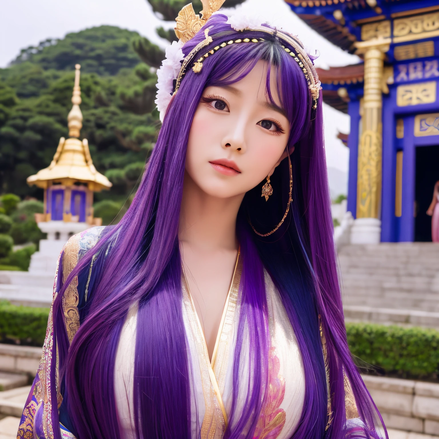 Goddess of Love、Athena、Purple hair、Longhaire、Front bust up、high-level image quality、Temple in the background、hightquality、Small face、animesque、wearing robe