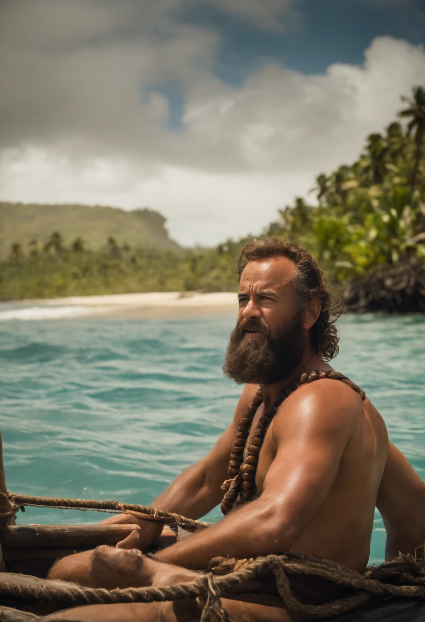 A photo of Chuck using his improvised raft to explore the waters around the island,Cast Away (2000),Chuck Noland, portrayed by Tom Hanks in the film “Cast Away,” is currently stranded on a deserted island in the Pacific Ocean. Sunburnt and bearded, with long, unkempt hair, his physical condition reflects the harsh realities of island survival. , male