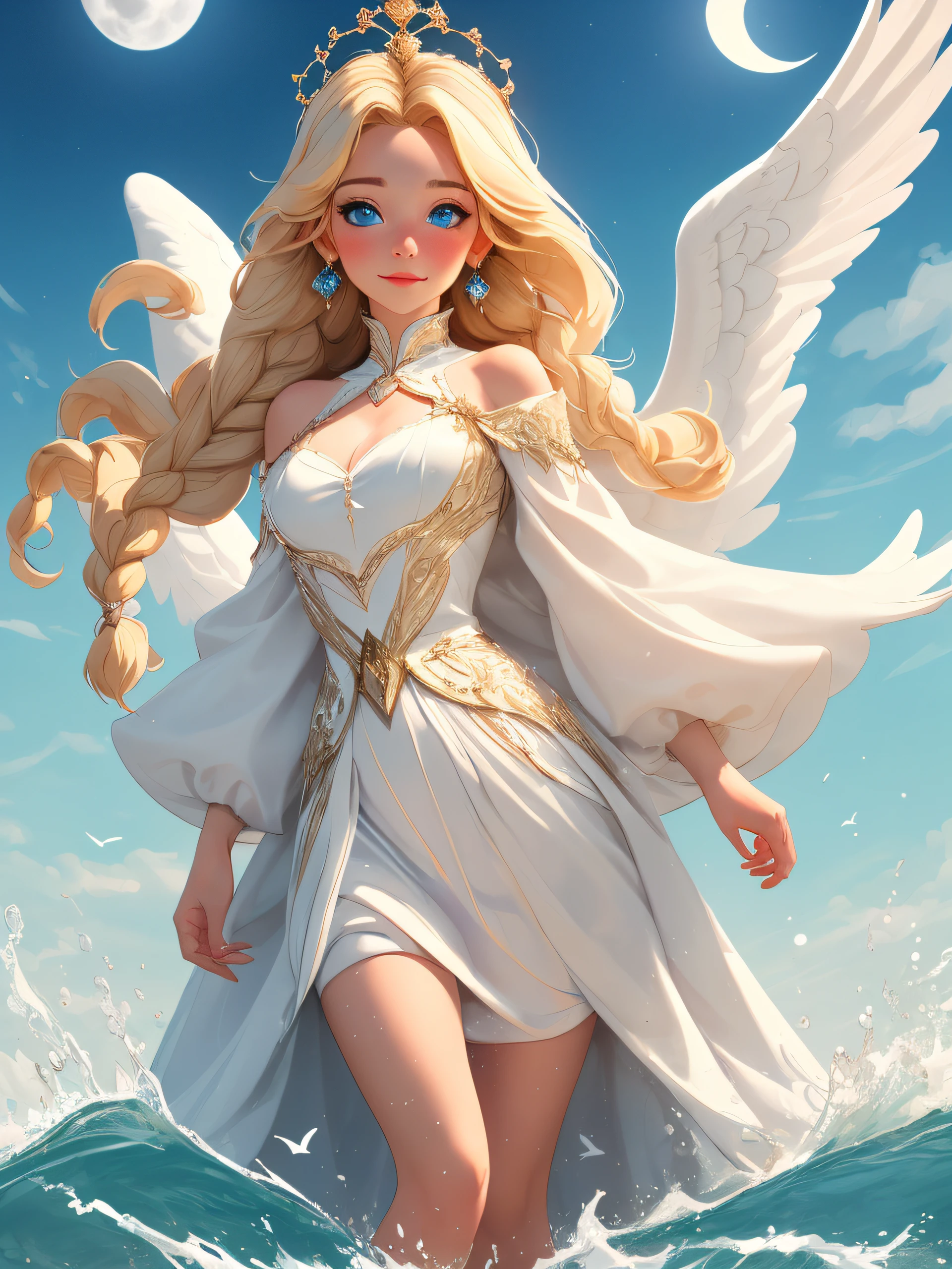,((Best quality))),8k,((Masterpiece)),(Extremely refined and beautiful), there is a girl coming out of the sea, a swan princess in Russian mythology, beautiful calm face, blue eyes, long blonde hair braided, the moon braided hair on the back of the head, white old Russian shiny clothes with a Kokoshnik crown on his head, affectionate eyes, half a smile, a gentle expression on his face, seascape and sunlight in the background, seagulls in the sky, full length, realism