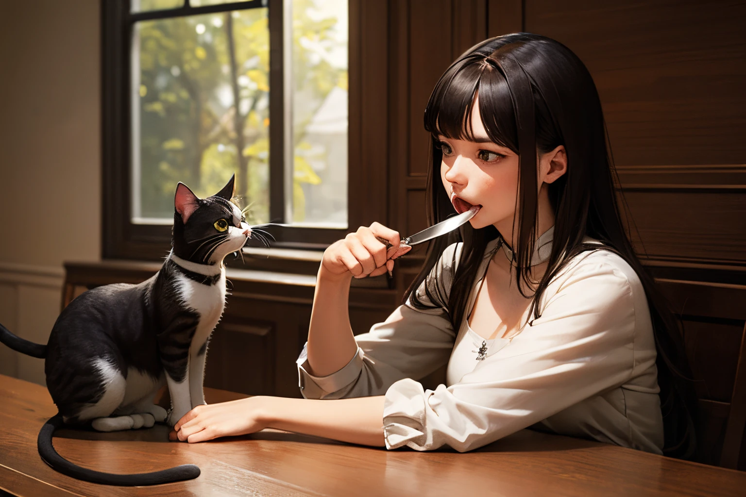 A cat holds a mouse in its mouth，a woman holding a knife，Look at the cat