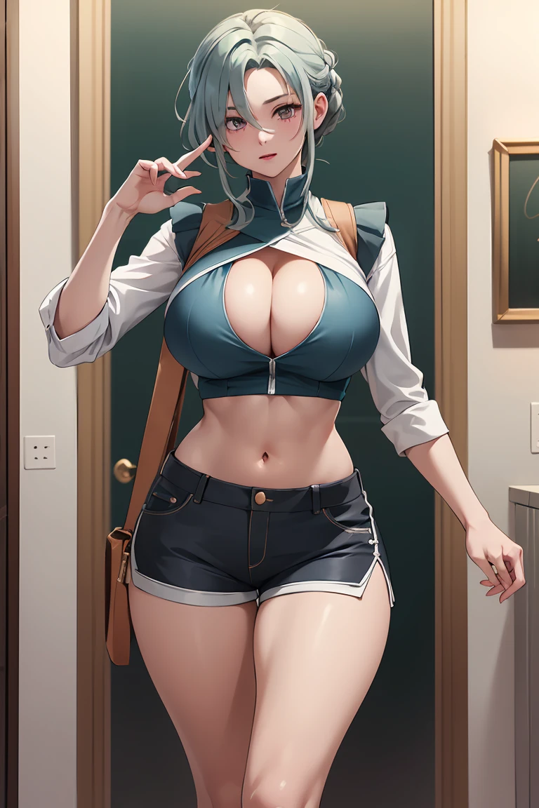 (Best quality,Unbeatable masterpiece:1.4),Ultra-detailed CG 4K,Gilet blanc，White slit shorts，Huge cleavage，Nipple presentation，AS-Adult，hair covering one eye，smooth thigh，standing with legs apart，Nipple presentation，navel，Lower breast，Breasts enlarged，lift one thigh