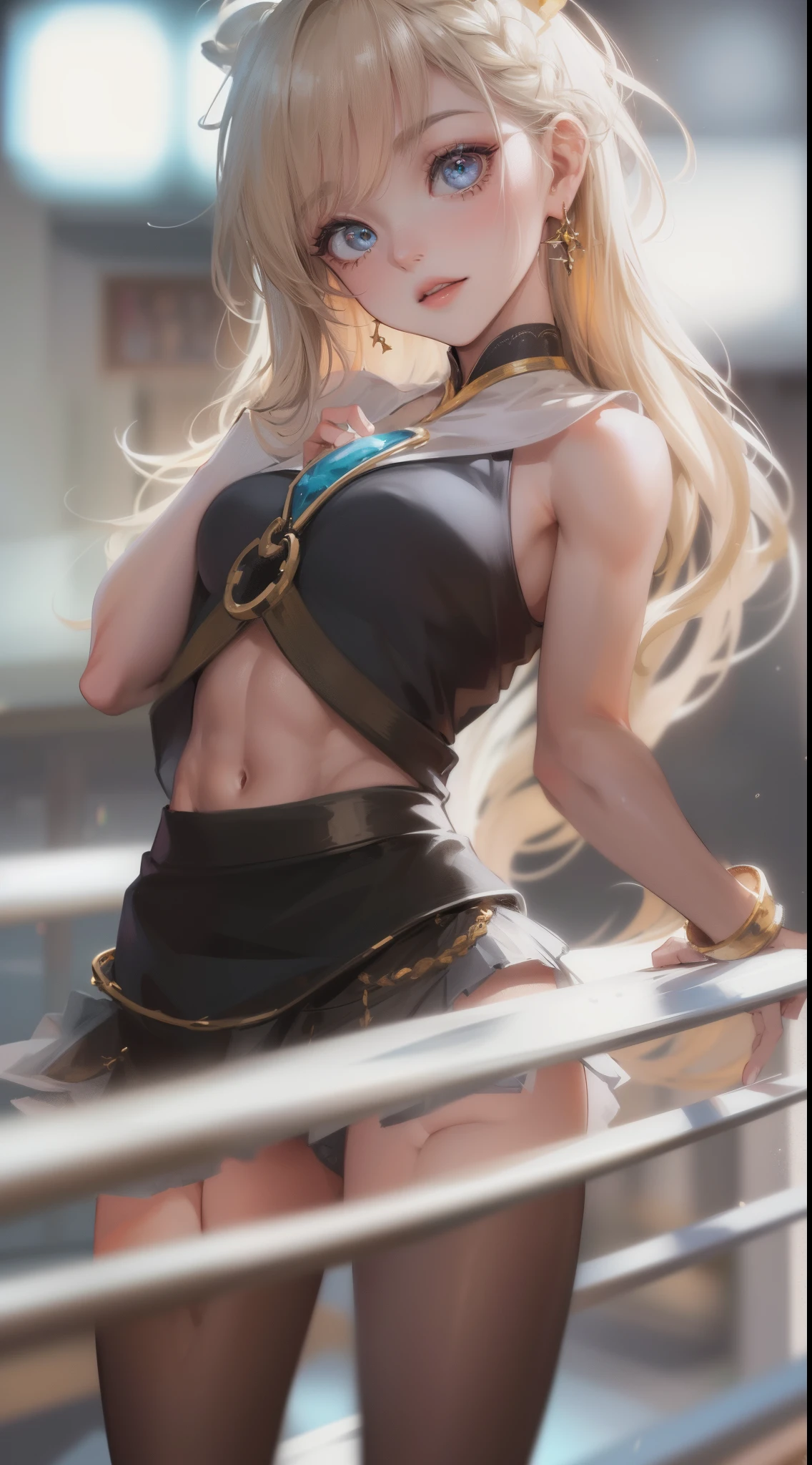 8K, masutepiece, Raw photo, Best Quality, Photorealistic, Highly detailed CG Unity 8k wallpaper, depth of fields, Cinematic Light, Lens Flare, Ray tracing, (Extremely beautiful face, Beautiful lips, Beautiful eyes), intricate detail face, ((Ultra detailed skin)) 1girl in, In the Dark, deepshadow, (Very slim and slender fit muscular body:1.3), ((Looking at Viewer)),(), (Blurred background),(No people in the background:1.3), Beautiful earrings, Bracelets, pantyhose, Clear eyes, Walking, (pale skin), (Big eyes), Face forward, (), (((Sexy Magical Girl Costume,skirt by the))), (()), , (Looking at Viewer:1.3) opened breast, Very slim, medium breasts, backtrack, (Back shot), ass forcus, Before the eyebrows,(), thick thighs,,Beautiful ponytail,,Cosplay