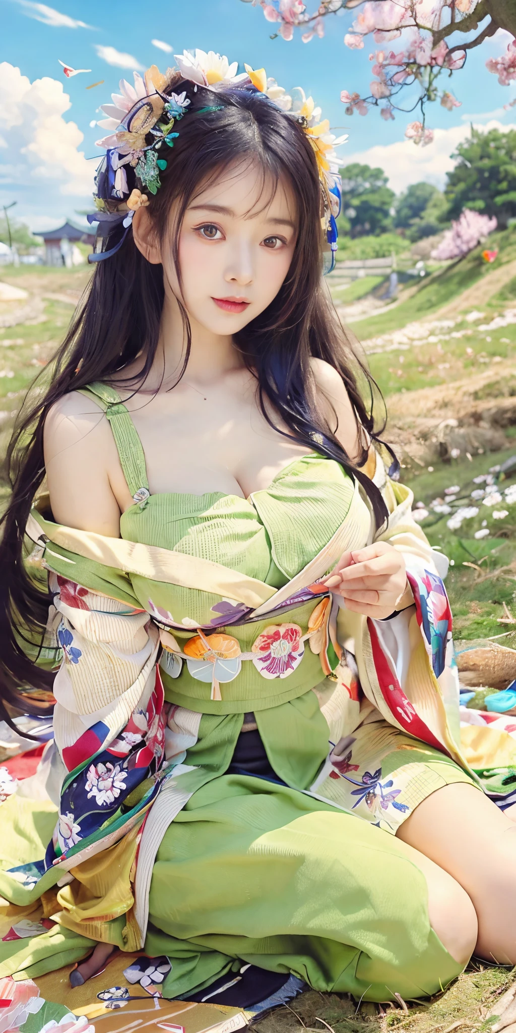 A woman in a kimono sits on a blanket in a field, Japan goddess, beautiful attractive anime woman, seductive anime girls, in a kimono, Popular topics on cgstation, Beautiful digital artwork, asian hyperdetailed, Very detailed artistic sprout, beautiful anime woman, Art germ. anime illustration, detailed digital anime art, photorealistic anime girl rendering