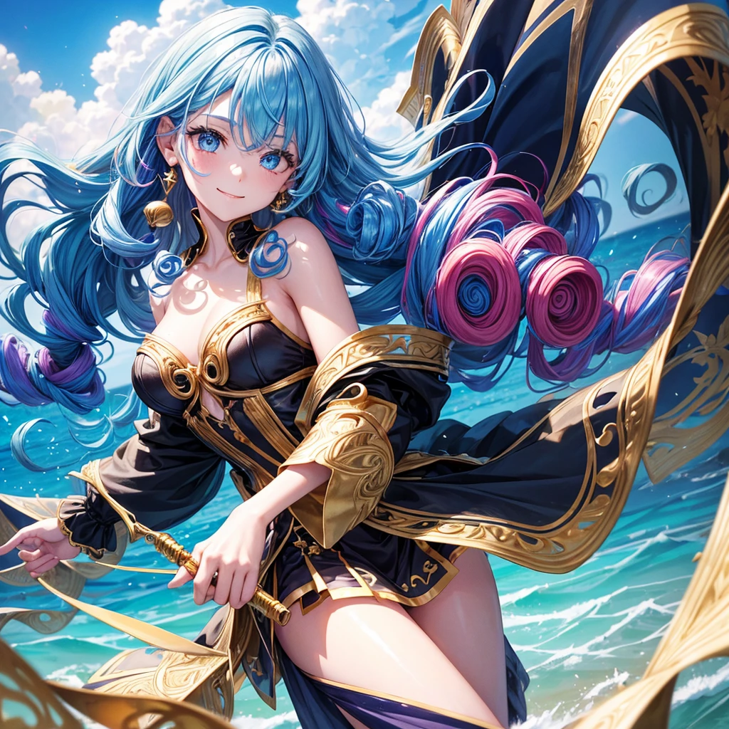 1 girl, (Iridescent hair, Colorful hair, Half blue and half pink hair: 1.2), , Blue_skyporn, holding a magic wand, Summer (season), flower petals_SUI_Liquid, Hooded black cloak, Red and black ripped dress, Skirt: 1.2, (gold long curly hair: 1.5), skyporn, plein air, Clouds, Bangs, Smile, sky-blue eyes, Bare shoulders, Perfect hands, Hand Details, Repaired finger. earrings, Sea + Background, up looking_で_viewer, Cowboy Shot, of the highest quality, rich detail, Perfect image quality, Sunrise,Highest Quality, excellent details, 超A high resolution, (fidelity: 1.4), The best illustrations, favor details, Highly condensed 1girl, with a delicate and beautiful face, Delicate collarbones, High Quality Fishtail Skirt, Shyness