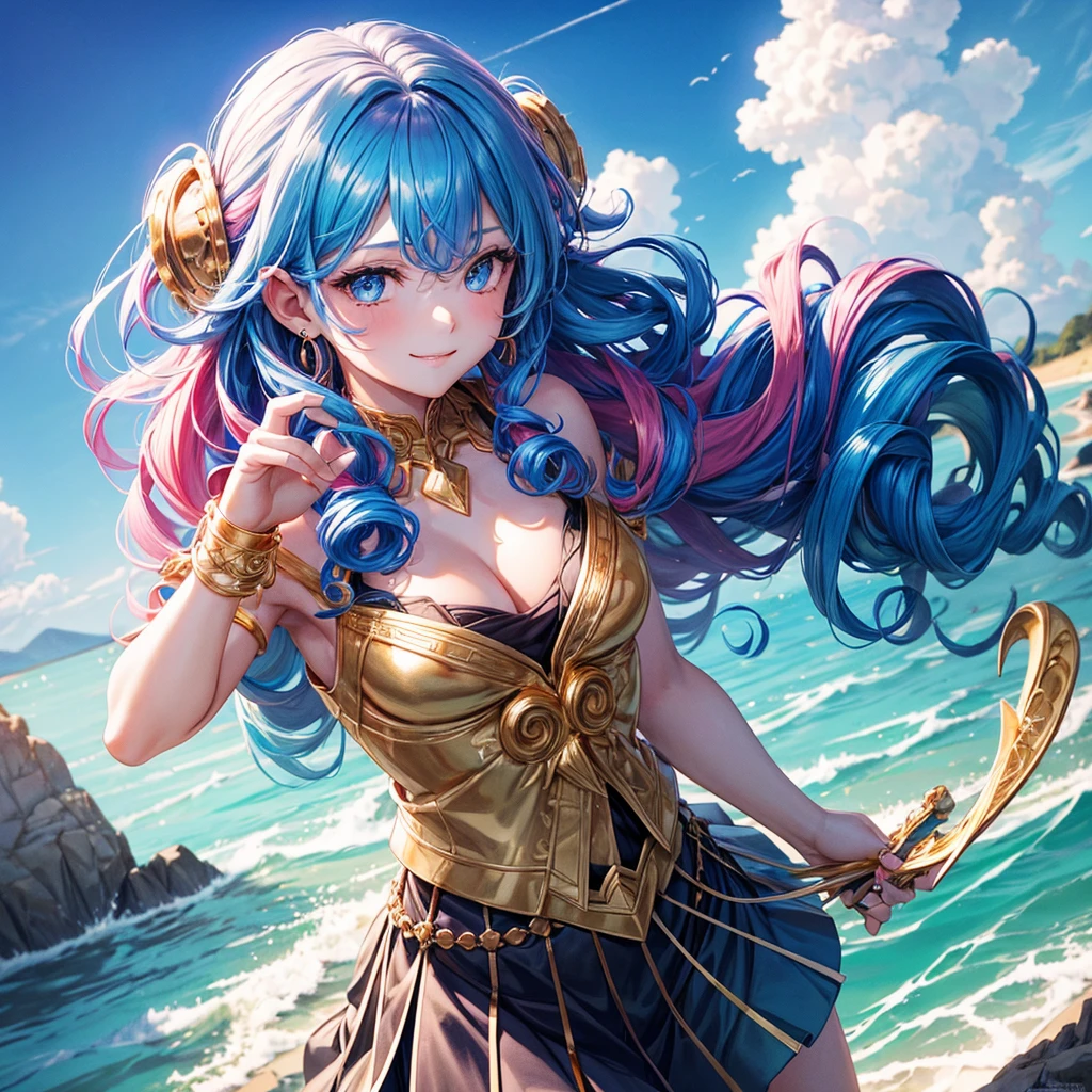 1 girl, (Iridescent hair, Colorful hair, Half blue and half pink hair: 1.2), 17 years old, Blue_skyporn, holding a magic wand, Summer (season), flower petals_SUI_Liquid, Hooded black cloak, Red and black ripped dress, Skirt: 1.2, (gold long curly hair: 1.5), skyporn, plein air, Clouds, Bangs, Smile, sky-blue eyes, Bare shoulders, Perfect hands, Hand Details, Repaired finger. earrings, Sea + Background, up looking_で_viewer, Cowboy Shot, of the highest quality, rich detail, Perfect image quality, Sunrise,Highest Quality, excellent details, 超A high resolution, (fidelity: 1.4), The best illustrations, favor details, Highly condensed 1girl, with a delicate and beautiful face, Delicate collarbones, High Quality Fishtail Skirt, Shyness