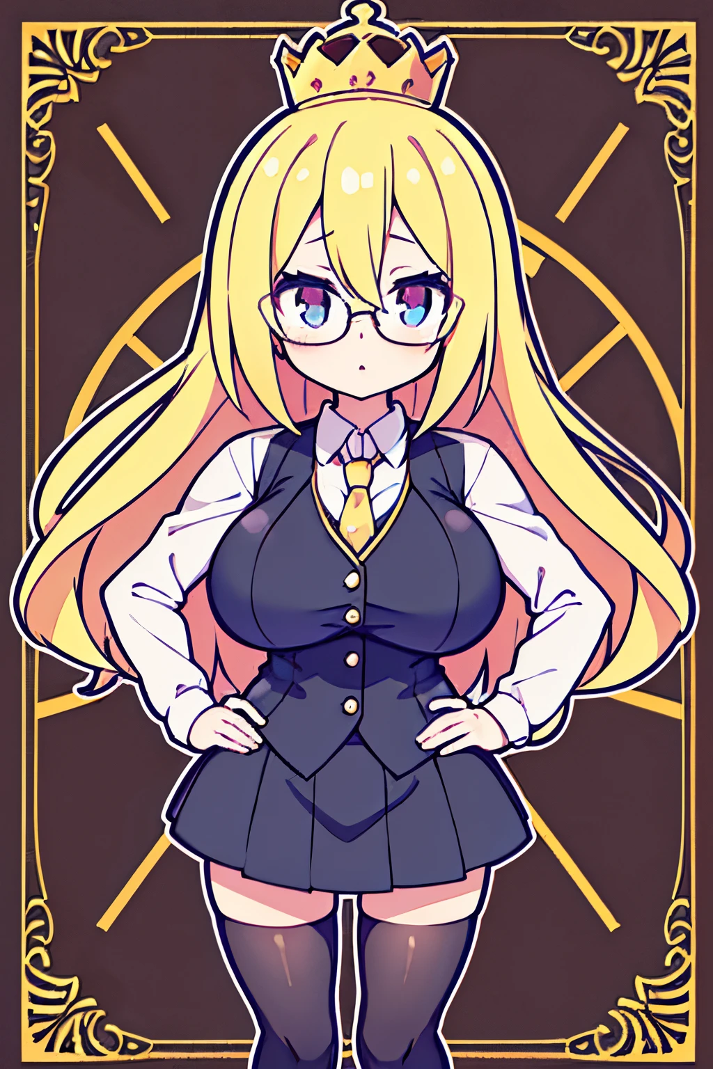 "anime girl, 1 person, bright blonde hair, glasses, crown, women's shirt, vest, tie, office clothes, front view, big breasts, black dress, long stockings, standing  cross leg, front view (full HD 4K+ image)"