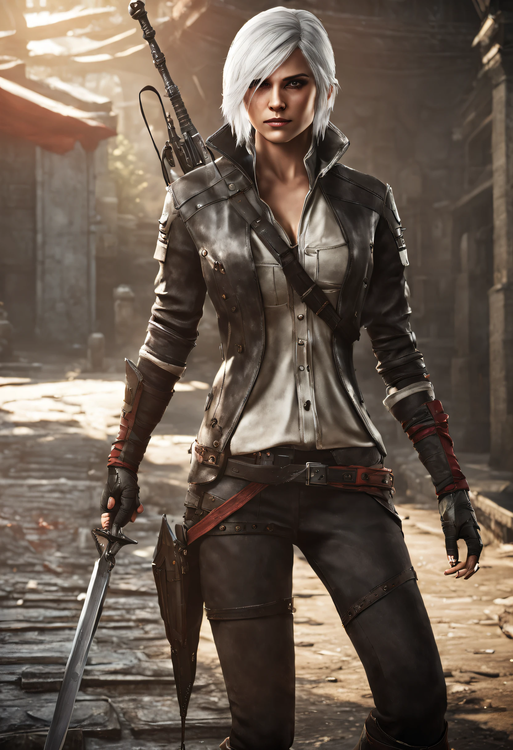 imagine a modern and empowered female character inspired by Ciri from The Witcher 3 and Ada Wong from Resident Evil. Visualize her in a sleek and practical assassin's attire, exuding confidence and strength. Craft a cinematic scene that captures her poised and determined demeanor, embodying the essence of both iconic characters in a contemporary setting.