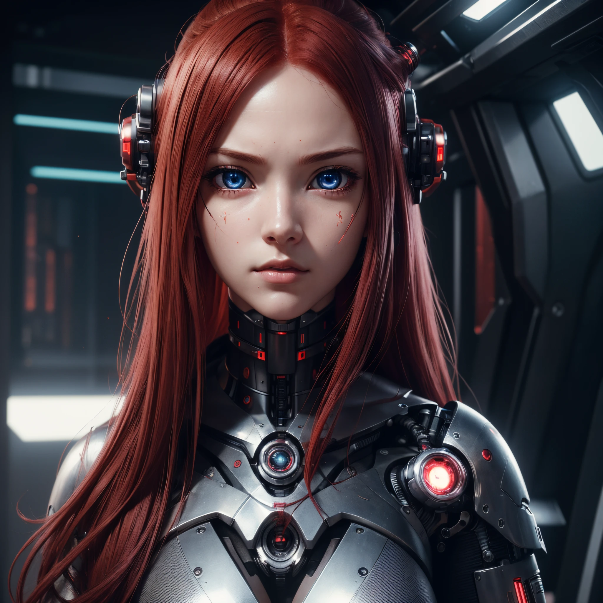 (extremely detailed CG unity 8k wallpaper), (finely detailed beautiful eyes: 1.2), (1 girl), (cyborg:1.3), (high-tech), (long crimson hair:1.2), embarrassed, (anime:1.2), Futurism, depth of field, (masterpiece:1.2), (best quality), 4K, high details
