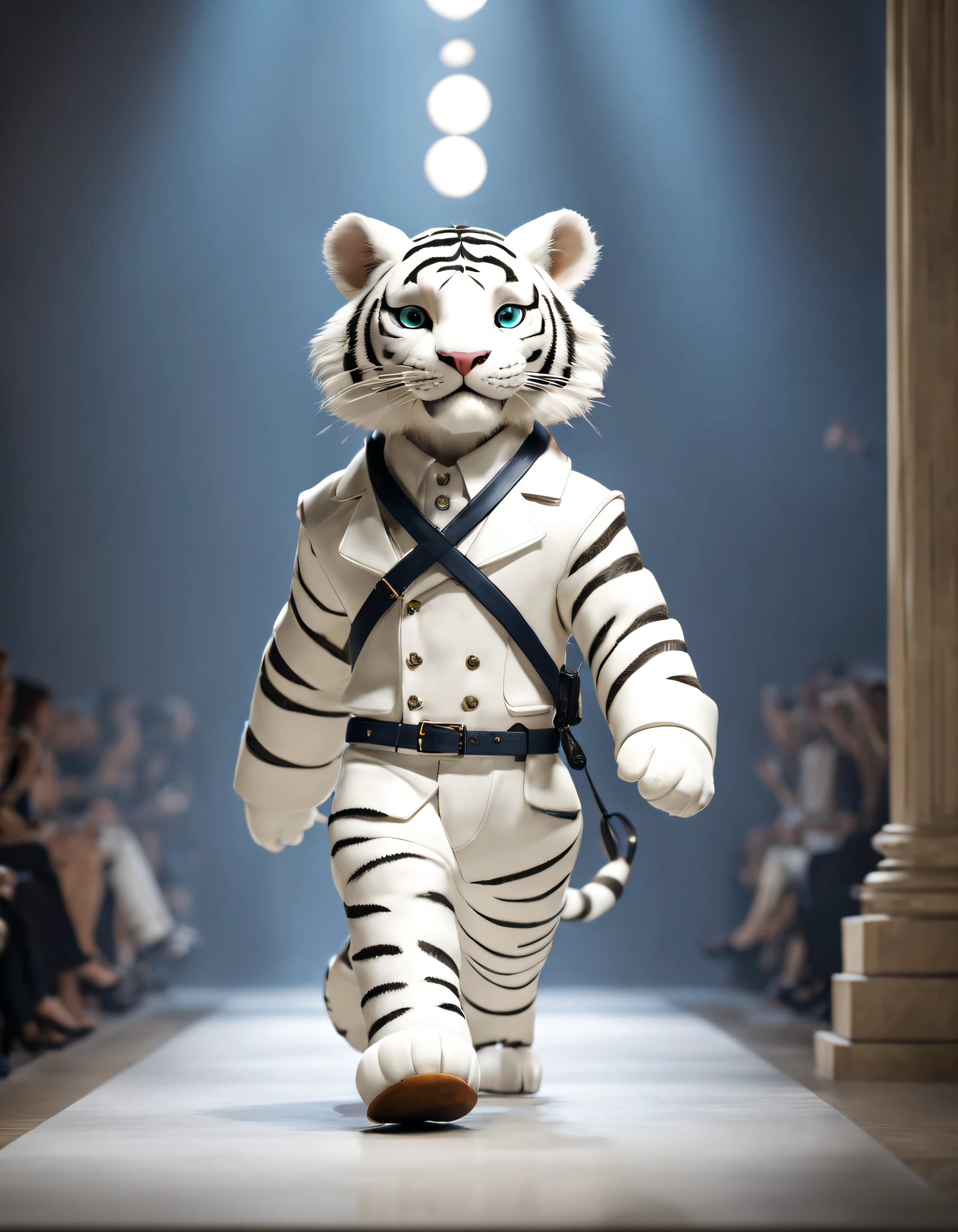 character  design，（A little white tiger walks the catwalk at fashion week）, Wearing Brunello Cucinelli Fashion,prada， Background with: indoor，On the catwalk {{tmasterpiece}}, {{{Best quality at best}}}, {{ultra - detailed}}, photography,pixar-style,cartoonish style,comic strip,tmasterpiece,lamplight,illusory engine,Rendered by Octane,Corona introduction,V-rays,tiltshift,,shot from far away,a 3D render,