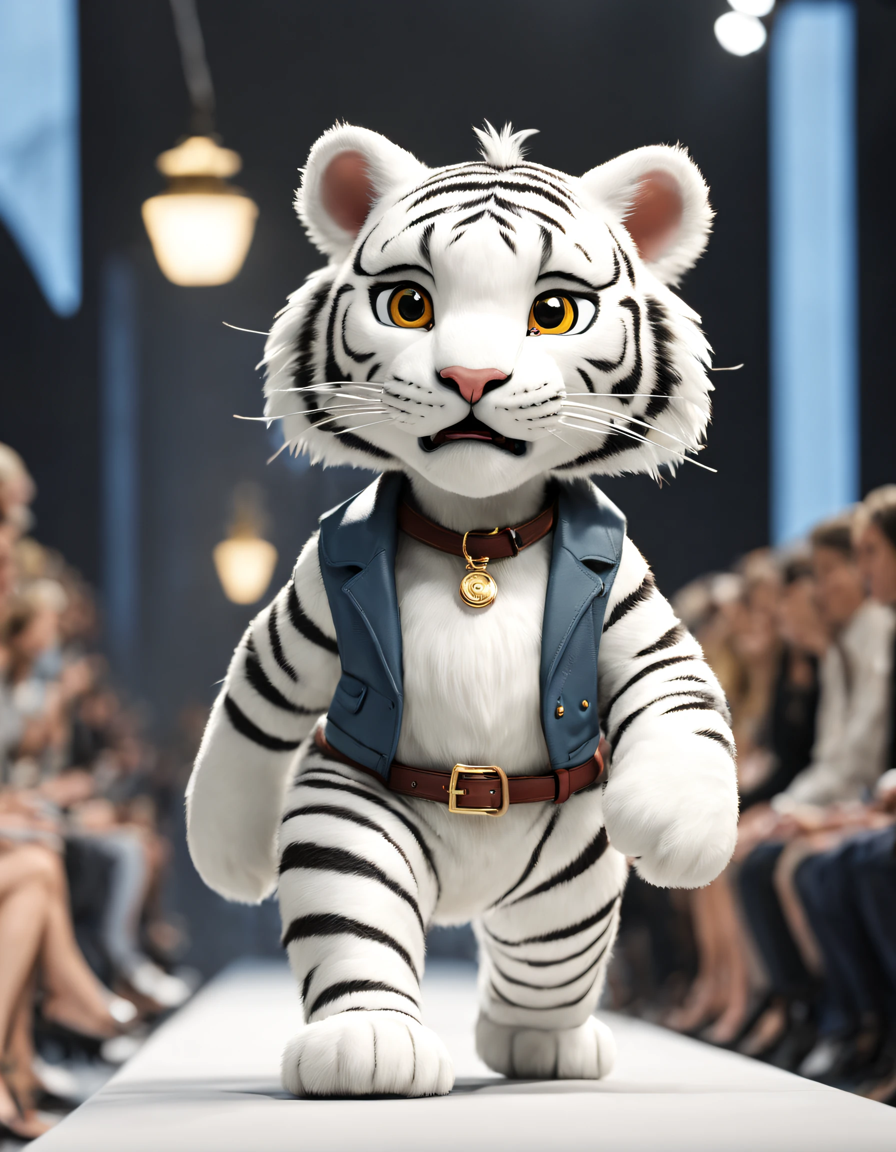 character  design，（A little white tiger walks the catwalk at fashion week）, Wearing Brunello Cucinelli Fashion,prada， Background with: indoor，On the catwalk {{tmasterpiece}}, {{{Best quality at best}}}, {{ultra - detailed}}, photography,pixar-style,cartoonish style,comic strip,tmasterpiece,lamplight,illusory engine,Rendered by Octane,Corona introduction,V-rays,tiltshift,,shot from far away,a 3D render,