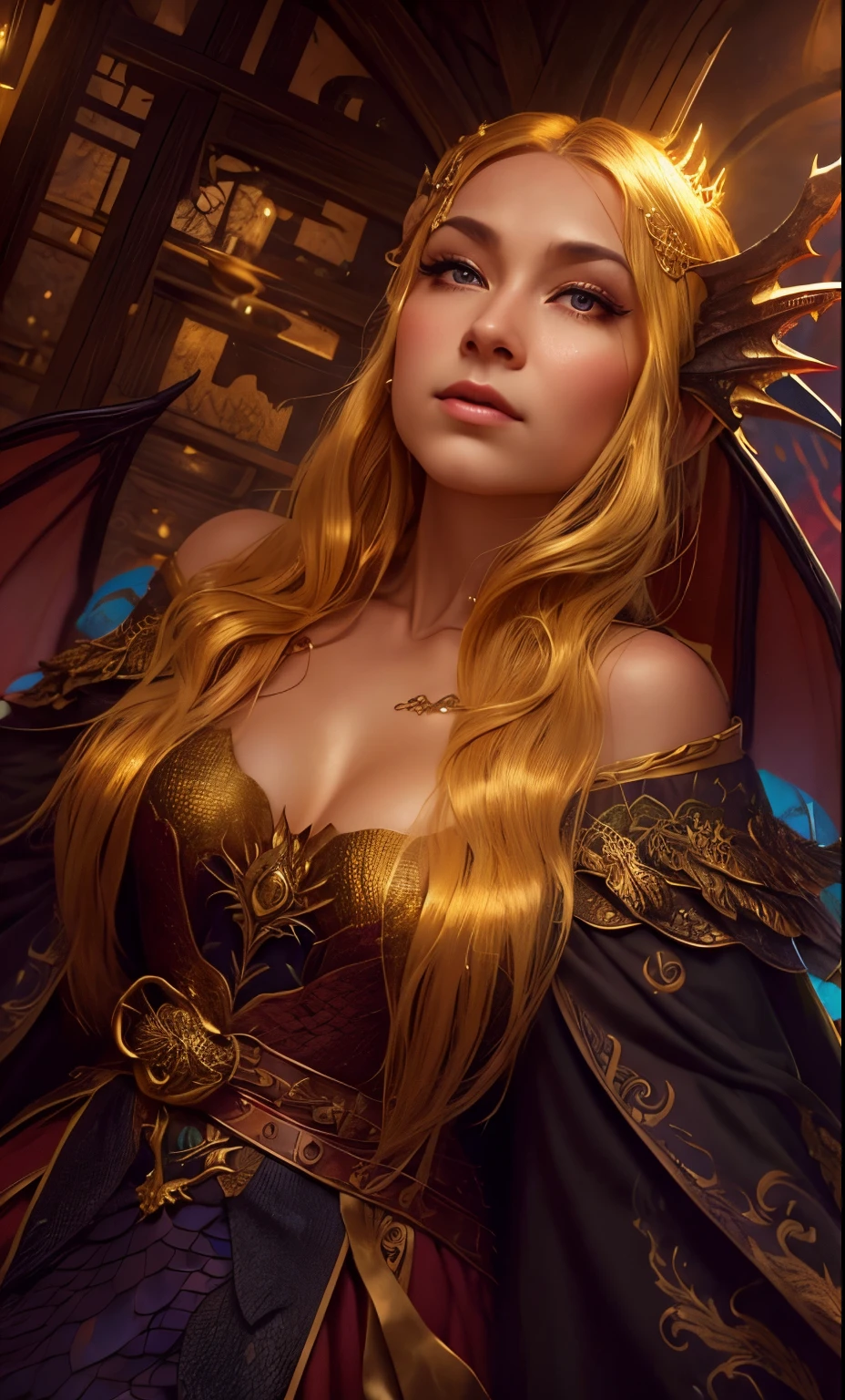 The prompt for Stable Diffusion is: "queen of dragons,illustration,dragon scales,dragon wings,fierce expression,golden crown,enchanted forest,best quality,ultra-detailed,realistic,portrait,vivid colors,warm tones,dramatic lighting"