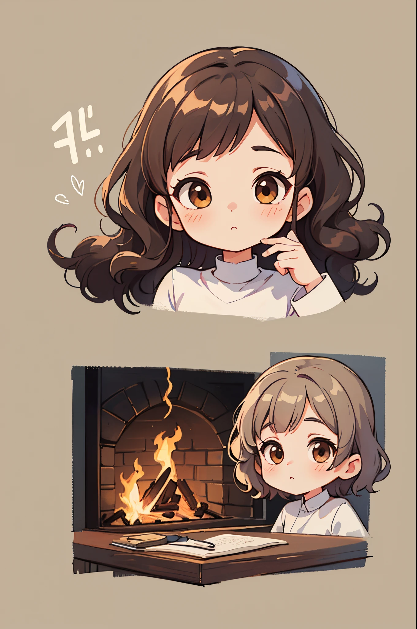 Simple modern living room background with fireplace、5 year old girl Emilia（Top image quality、4K、high、Ultra-fine、pencil painting、With 8-bit portrait、short non-binary person, wavy brown eyes and hair）Create a。