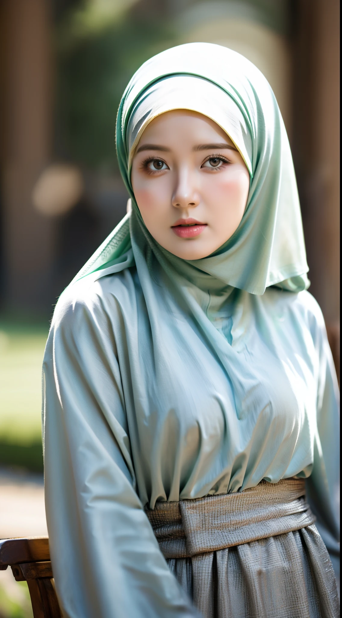 1girl, solo, beautiful face, high detailed realistic eyes, double eyelids, high detailed realistic pupils, (upon body from head to waist:1.36), (wearing hijab:1.37), (moslem headscarf:1.37), reading glasses, sitting alone on a long chair, amazing mosque park background, taj mahal, best quality, masterpiece, highres, black and white moslem female dress, Beautiful face, (upon body from head to waist:1.35), tyndall effect, photorealistic, dark studio, two tone lighting, 8k uhd, dslr, soft lighting, high quality, volumetric lighting, candid, Photograph, high resolution, 4k, 8k, Bokeh, (hyperrealistic girl), (illustration), (high resolution), (extremely detailed), (best illustration), (beautiful detailed eyes), (best quality), (ultra-detailed), (masterpiece), (wallpaper), (photorealistic), (natural light), (rim lighting), (detailed face), (high detailed realistic skin face texture), (anatomically correct), (heterochromic eyes), (detailed eyes), (sparkling eyes), (dynamic pose), (hair completely covered by the hijab:1.35)