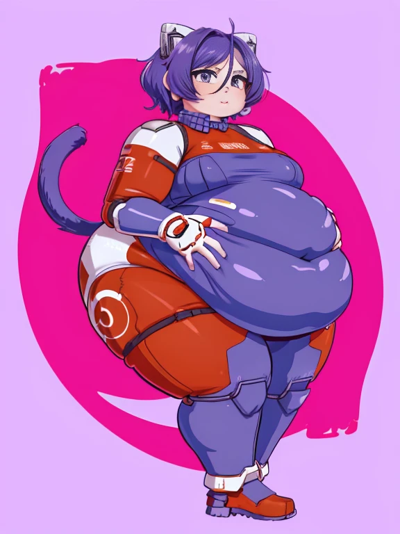 (1girl), (masterpiece:1.2), ((best quality)), (absurdres), obese girl, highres, Neko, (Nekojets:1), catgirl, purple hair, 4k, beautiful image, obese belly, obese arms, thick thighs, big cheeks, chunky neck,(best eyes, high contrast image, beautiful detailed eyes, detailed light, solo, ((short hair)), ((small breasts)),bright light, mecha mastume, mecha, plugsuit, retrowave vibes, cute, :3 face