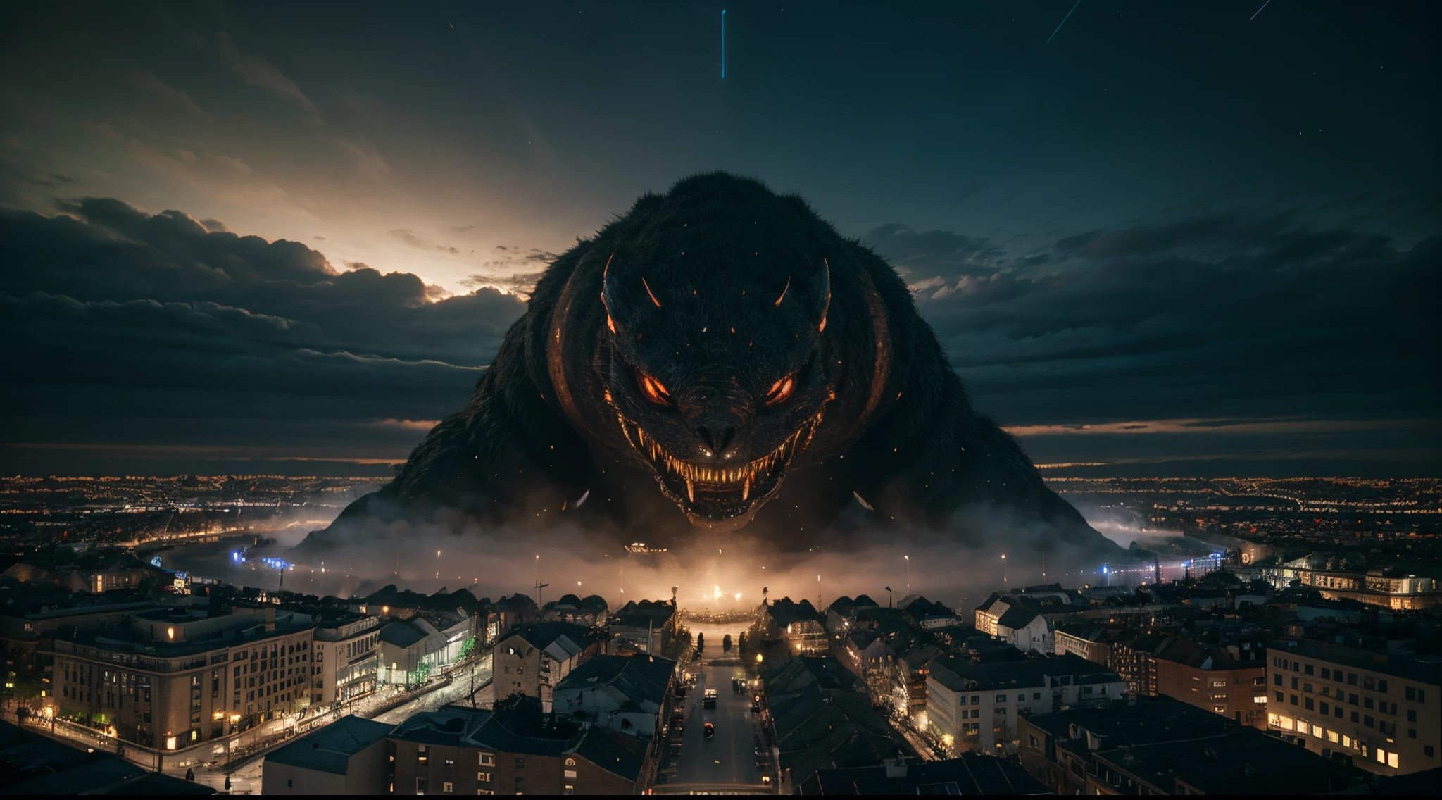 {panoramic, wide angle, A very violent monster destroying a city, beautiful and wild cosmos is seen from the flying camera view, midnight background}, photorealistic, cinema 4d, , polished, beautiful, colorful, intricate, eldritch, ethereal, vibrant, vray, nvdia ray tracing, cryengine, magical, 4k, 8k, masterpiece, crystal,