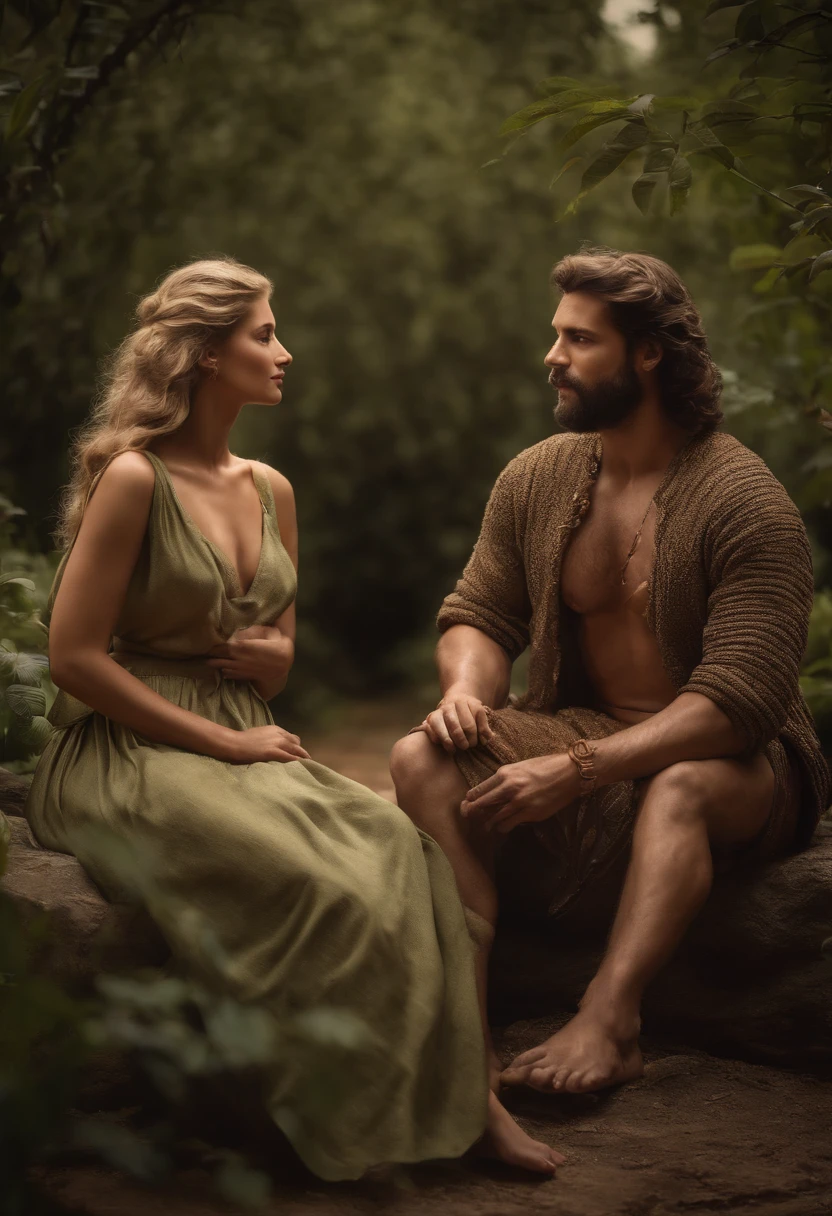 masterpiece, of best quality, Adam And Eve, sitting on a stone, holding hands in love, in the bible garden of Eden, both wearing animal clothes ,muito velho com uma barba longa, in a rustic and secret place,(estantes de livros antigos). [Making magic potions and giving wise advice].(melhor qualidade,4k,8k,Altas,master part:1.2),ultra-detalhado,[Realistic,fotorrealista,photo-realistic:1.37] Retratos, [Cores escuras e misteriosas], [Subtle and dim lighting], [textura vintage e antiga]