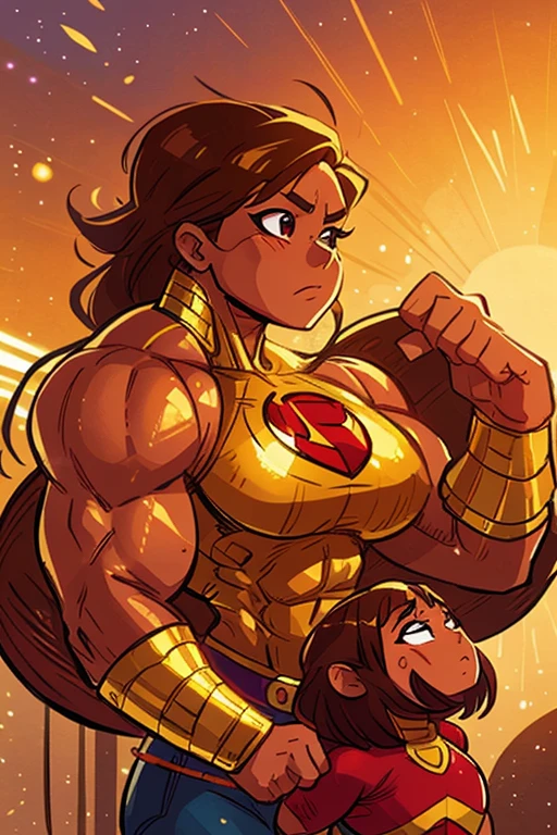 Mexican muscle woman flexing muscles wearing gold superhero outfit, muscle woman, big muscles, huge muscles, massive muscles, mature woman