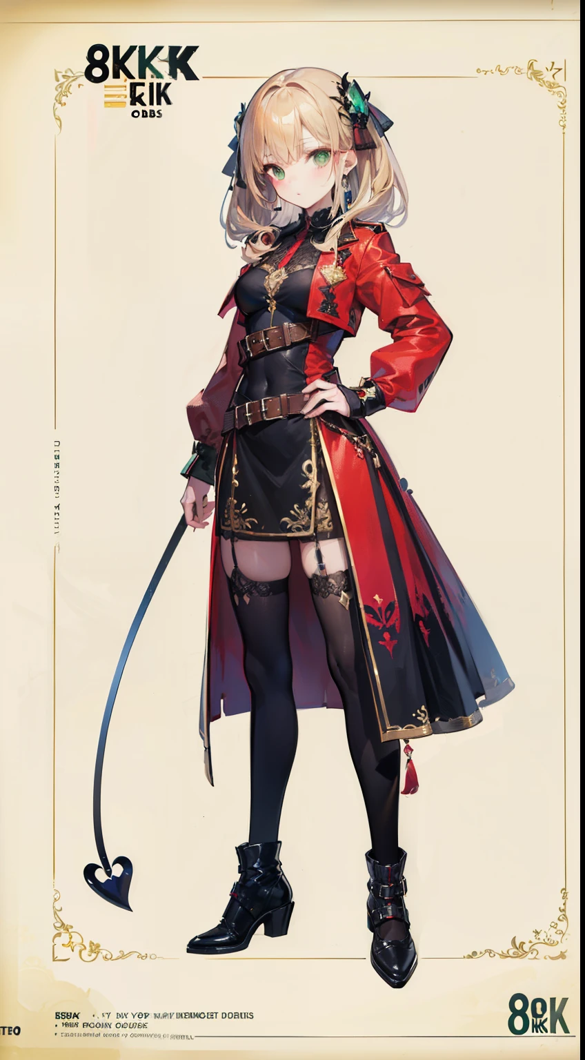(((8K,top-quality)))ung girl, character sheets, concept-art, full body Esbian, (masterpiece:1.2), (Top image quality:1.3), 1girl in, is standing, length hair,Adulterous demons,Beige hair,green eyes arrive,obscene stamp