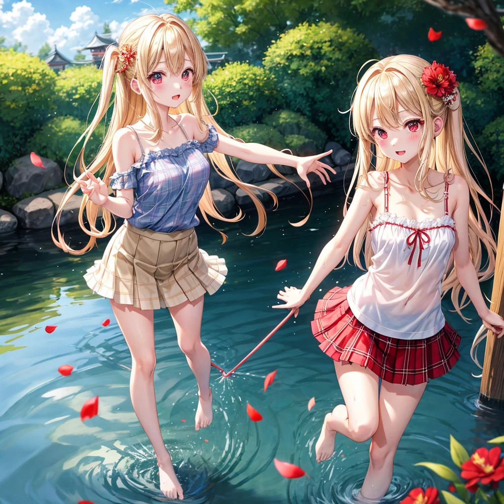 a blond、red eyes、1 pretty girl、animesque、lightly dressed、Plaid miniskirt、flower petals、bare-legged、wetting hair、Camisole-wearing、rainbows、Kick the water、tightrope walking、Yukichi Fukuzawa