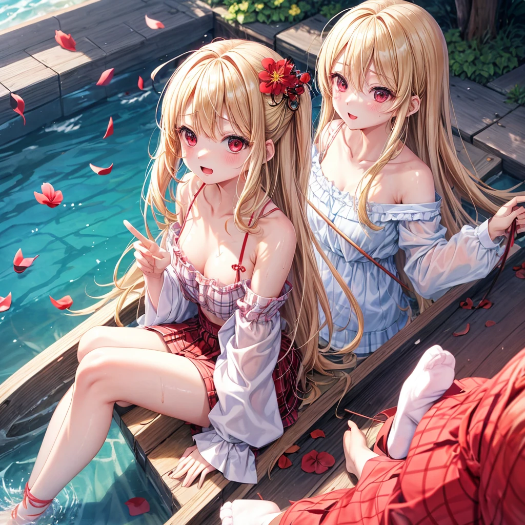 a blond、red eyes、1 pretty girl、animesque、lightly dressed、Plaid miniskirt、flower petals、bare-legged、wetting hair、Camisole-wearing、rainbows、Kick the water、tightrope walking、Yukichi Fukuzawa