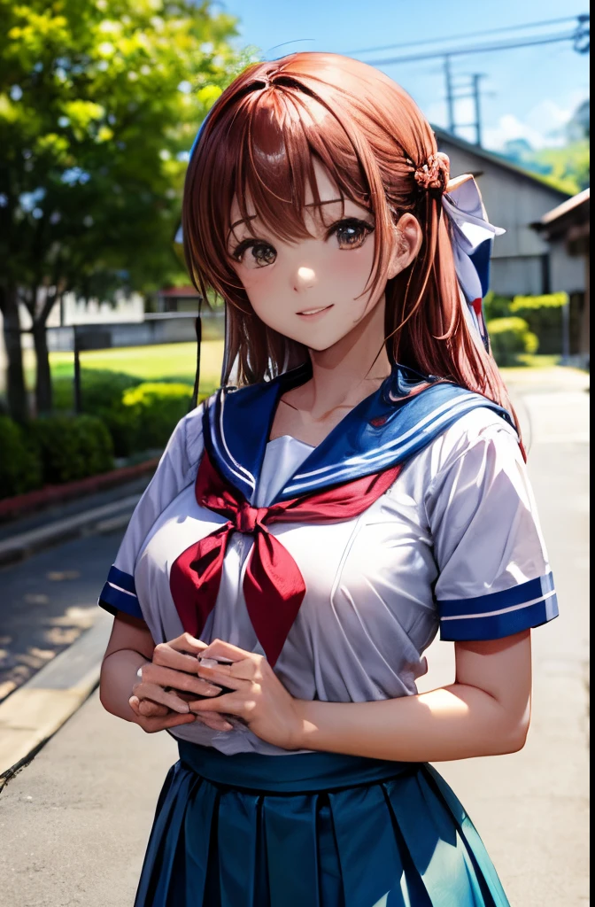 masutepiece、hiquality、offcial art、20yr old、Femera、Clean face、lightsmile、perfect beautiful body、Colossal tits、anatomical beauty、anatomically beautiful legs、Wear a uniform、Japan school uniform、a sailor suit、Please wear a blue pleated skirt、Cinematic lighting、At the school gate in the countryside、perfect detail、elaborate production、(Fulll body Shot)、