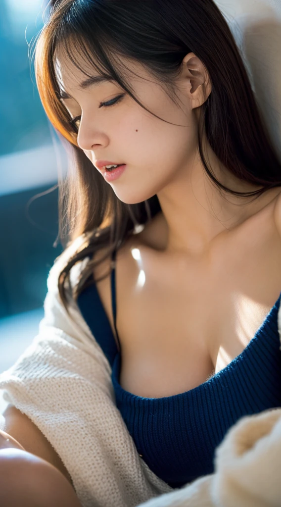 (((wince,roll one’s eyes,gape))),masterpiece , Best Quality, Ultra-detailed, RAW Photo, extremely delicate and beautiful,High resolution, 1girl in, 25 years old, Beautiful girl in Japan, Small breasts, Plump lips, Wavy Hair,Short hair, I have one small mole under my eye, Detailed eyes,detailed facial features, detailed arms,Detailed fingers,Detailed legs, Bedrooms,Sleeping in bed, red off-the-shoulder sweater, ((( drunk))), Perfect dynamic composition, Beautiful detailed eyes , the beach, (((Sexy face))), (((Face feeling ecstasy))), ((Face at the peak of sexual arousal)), ((Sensation of the face having sex)),(((underlighting))), (blue lights), Film grain, SLR camera, 35mm lens focal length,((( from below )))