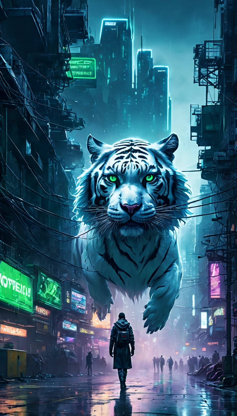 (best quality,4k,8k,highres,masterpiece:1.2),ultra-detailed,(realistic,photorealistic,photo-realistic:1.37),cyberpunk,White tiger-human hybrid,neon lights,high-tech cityscape,dark and gritty atmosphere,glowing implants,sci-fi fashion,reflective surfaces,urban decay,hovering vehicles,futuristic weapons,dystopian society,heavy rain and fog,digital holograms,heavily modified body parts,electric blue and neon green color scheme,cybernetic enhancements,dynamic composition,city smog,industrial pipes and cables,traffic jams,glowing power lines,steam rising from the streets,artificial intelligence surveillance system,nighttime skyline,cityscape reflects in wet pavement,gritty alleyways,shadowy figures in long coats,seamless blend of human and animal features,imposing stature and feline agility,electric sparks flying,technological advancements,impressive warpaint and markings,enchanted aura surrounding the hybrid,blurred motion and fast-paced action,breathing tubes and oxygen masks,fast-paced movement and fluidity,overhead advertising billboards,street vendors selling futuristic gadgets,hidden rebel hideouts,secluded hacking hideaways,resistance against a powerful regime,interstellar ships docking at the edge of the city,experimental laboratory,secret underground laboratories,crime syndicates battling for control,glowing eyes scanning the city,contrast between natural and artificial elements,technological implants seamlessly integrated into the body,sharp claws and teeth,metallic and chrome accents,blending into the night,leaping over buildings and rooftops,corroded and rusted structures,glitching digital displays,constant sense of danger and unease,epic sunset in the horizon casting an orange glow over the city.