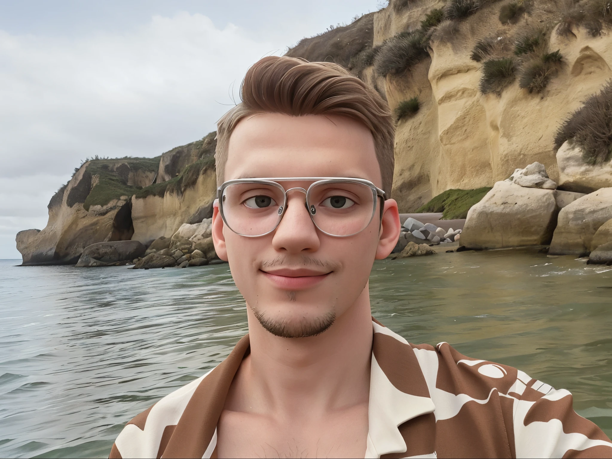there is a man with glasses standing in front of a body of water, twitch streamer / gamer ludwig, vacation photo, ocean in the background, headshot profile picture, kacper niepokolczycki, high quality portrait, standing at the beach, photo taken in 2 0 2 0, very very low quality picture, michal, 8k selfie photograph